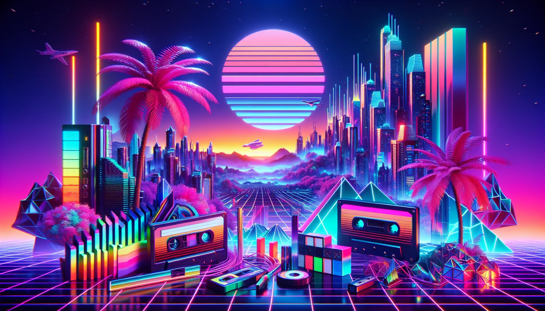 Immerse yourself in a vibrant vaporwave landscape, where neon colors blend seamlessly with surreal geometric shapes. A retro-futuristic city skyline glows against a dusky twilight, intertwined with palm trees and 90s computer graphics. Vintage cassette tapes and holographic elements float in the air, evoking a sense of nostalgia and otherworldliness, enticing the viewer to explore the depths of this dreamlike, tech-infused paradise.