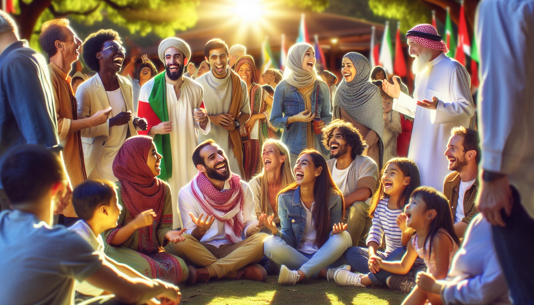 A vibrant scene of a diverse group of individuals gathered in a sunlit park, engaged in animated conversation and laughter. Each person showcases their unique cultural attire, reflecting their backgrounds, while the lush greenery around them enhances the warmth of the moment. Children play in the background, and a gentle breeze rustles the leaves, capturing the harmony and joy of connection in this lively community gathering.