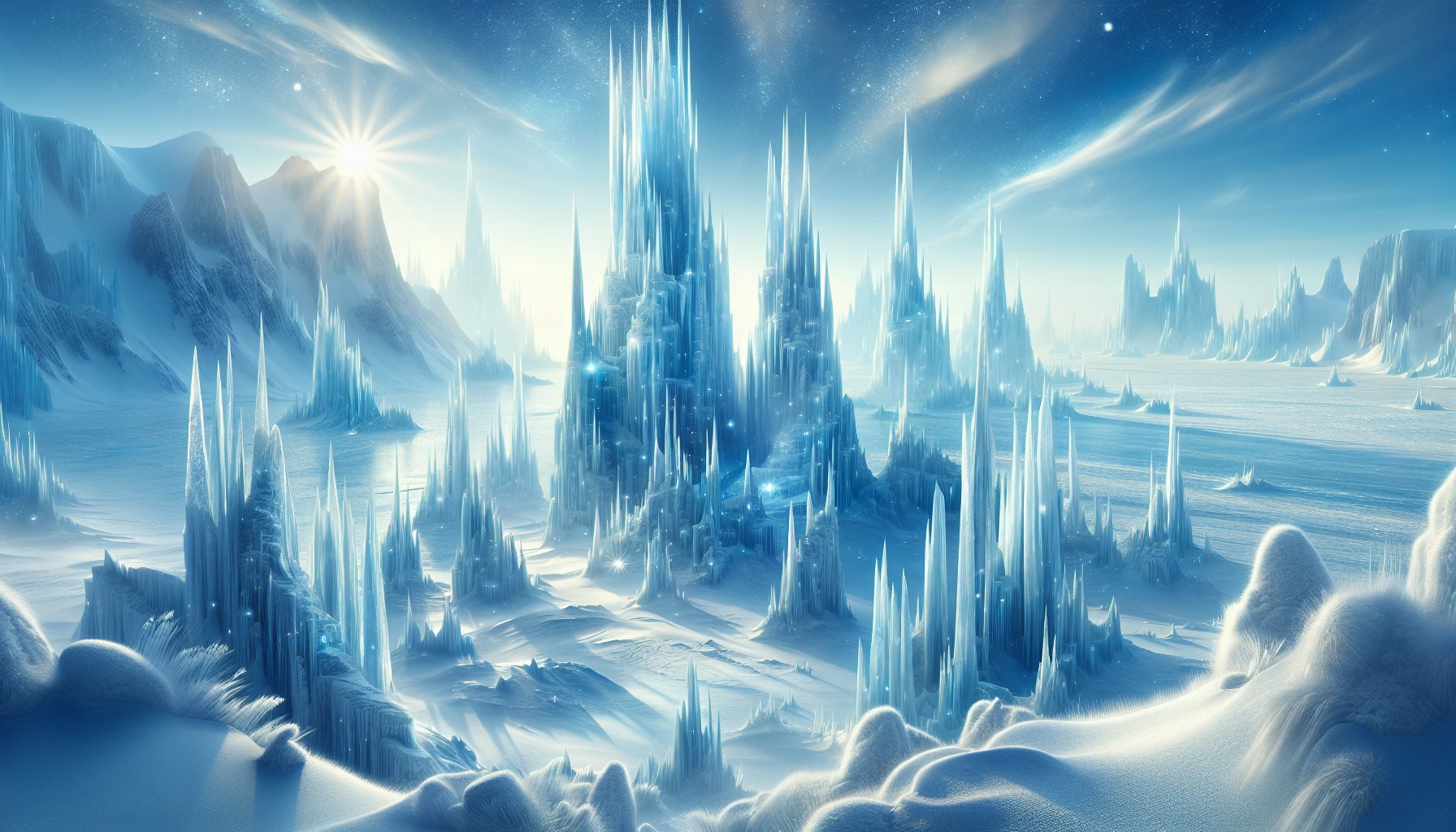 In a breathtaking arctic landscape, towering ice spires rise majestically from a vast, snow-covered tundra. The scene is painted in shades of blue and white, with sunlight glimmering off the sharp, crystalline formations. Wisps of snow swirl through the air, while a soft, pale sky blankets the horizon. The chilling beauty of this frozen realm evokes both mystery and serenity, inviting adventure in its icy embrace.