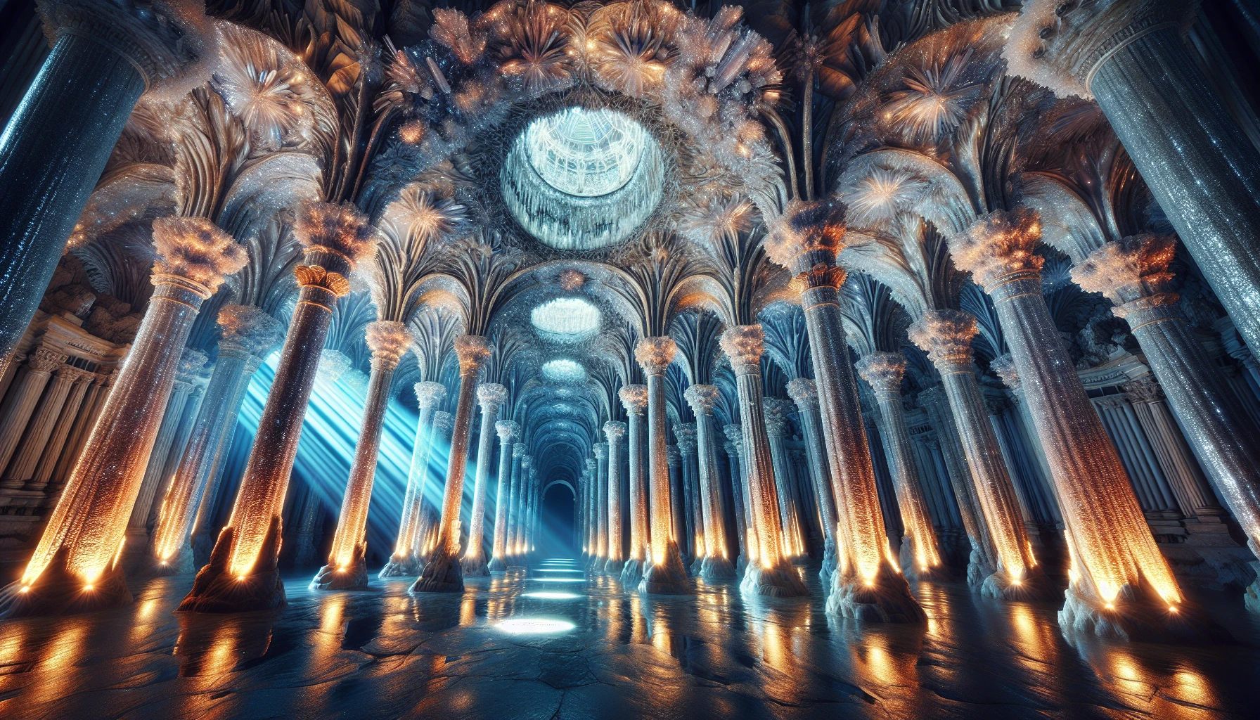 Envision a breathtaking underground cathedral, its walls adorned with shimmering crystals that reflect an ethereal light. Massive stone pillars rise towards a vaulted ceiling, intricately designed with glowing patterns reminiscent of ancient mosaics. Soft beams of light filter through crystal formations, casting colorful reflections across the damp stone floor. The air is filled with a serene ambiance, inviting contemplation amidst the harmony of nature and craftsmanship in this hidden sanctuary.