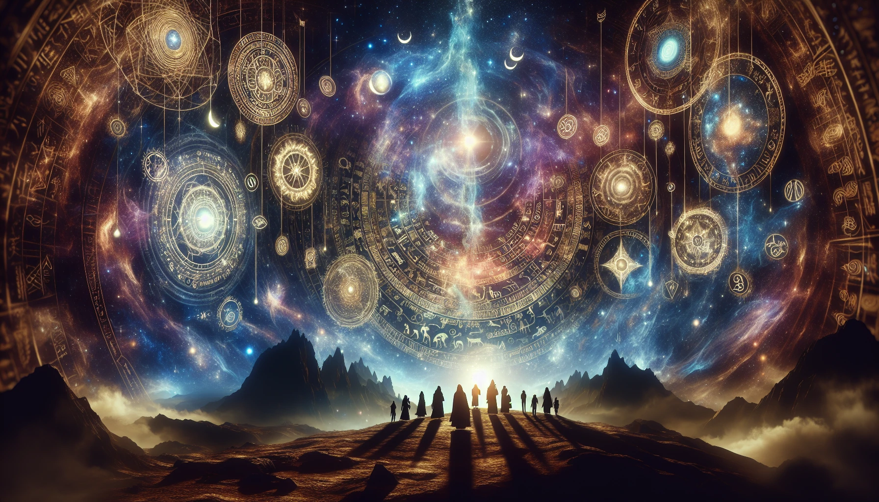 A mesmerizing blend of celestial wonders and profound mysteries, this image captures a vast, vibrant landscape where heavenly bodies collide with ancient symbols of prophecy. Ethereal light cascades from the heavens, illuminating scrolls filled with enigmatic texts. In the foreground, figures of seekers stand in awe, their silhouettes framed against a backdrop of swirling galaxies and prophetic visions, inviting viewers to contemplate the secrets of the universe.