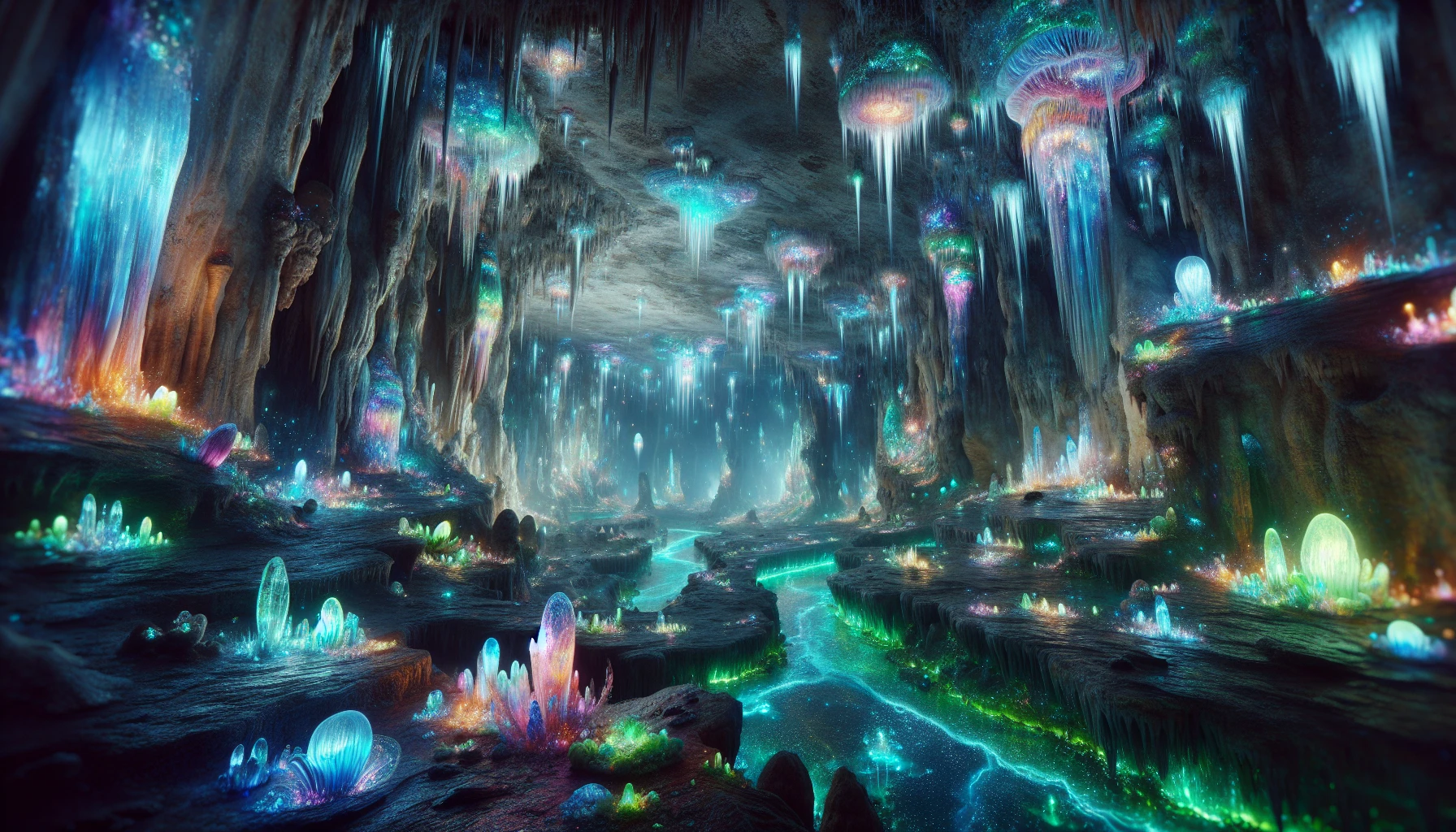 Explore a breathtaking subterranean world where luminescent fungi and glimmering crystals illuminate the dark, rocky cave walls. Stalactites hang like icicles from the ceiling, draped in vibrant hues of blue, green, and purple. Glowing rivers wind through the cavern, reflecting the surreal colors. The air is thick with mystery, while delicate creatures, bioluminescent and ethereal, flit about, creating an enchanting scene that captures the imagination.