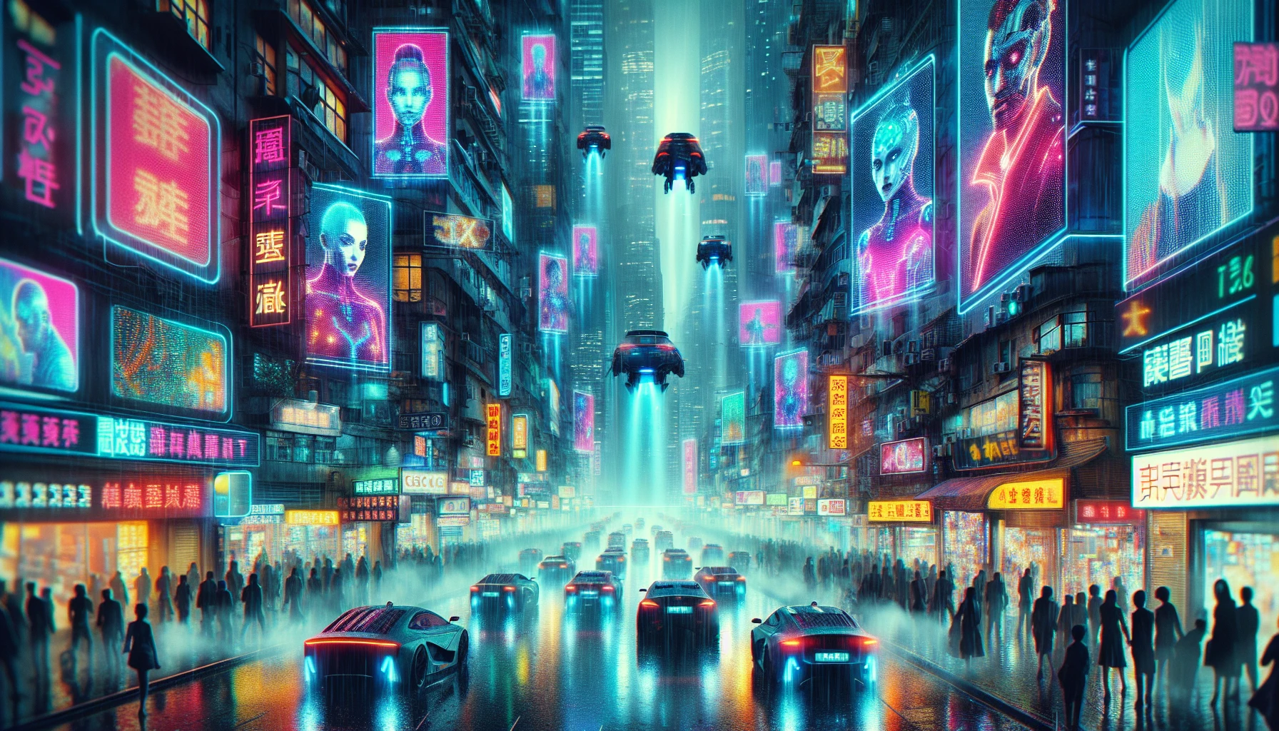 Imagine a bustling urban landscape drenched in vibrant neon lights, towering skyscrapers adorned with holographic advertisements, and flying vehicles zipping through a hazy, rain-soaked sky. The streets are alive with a diverse crowd of cyborgs and humans, clad in sleek, futuristic attire, while glowing graffiti fills the alleyways. This scene embodies the gritty yet alluring essence of a cyberpunk world, inviting you to lose yourself in its electric charm.