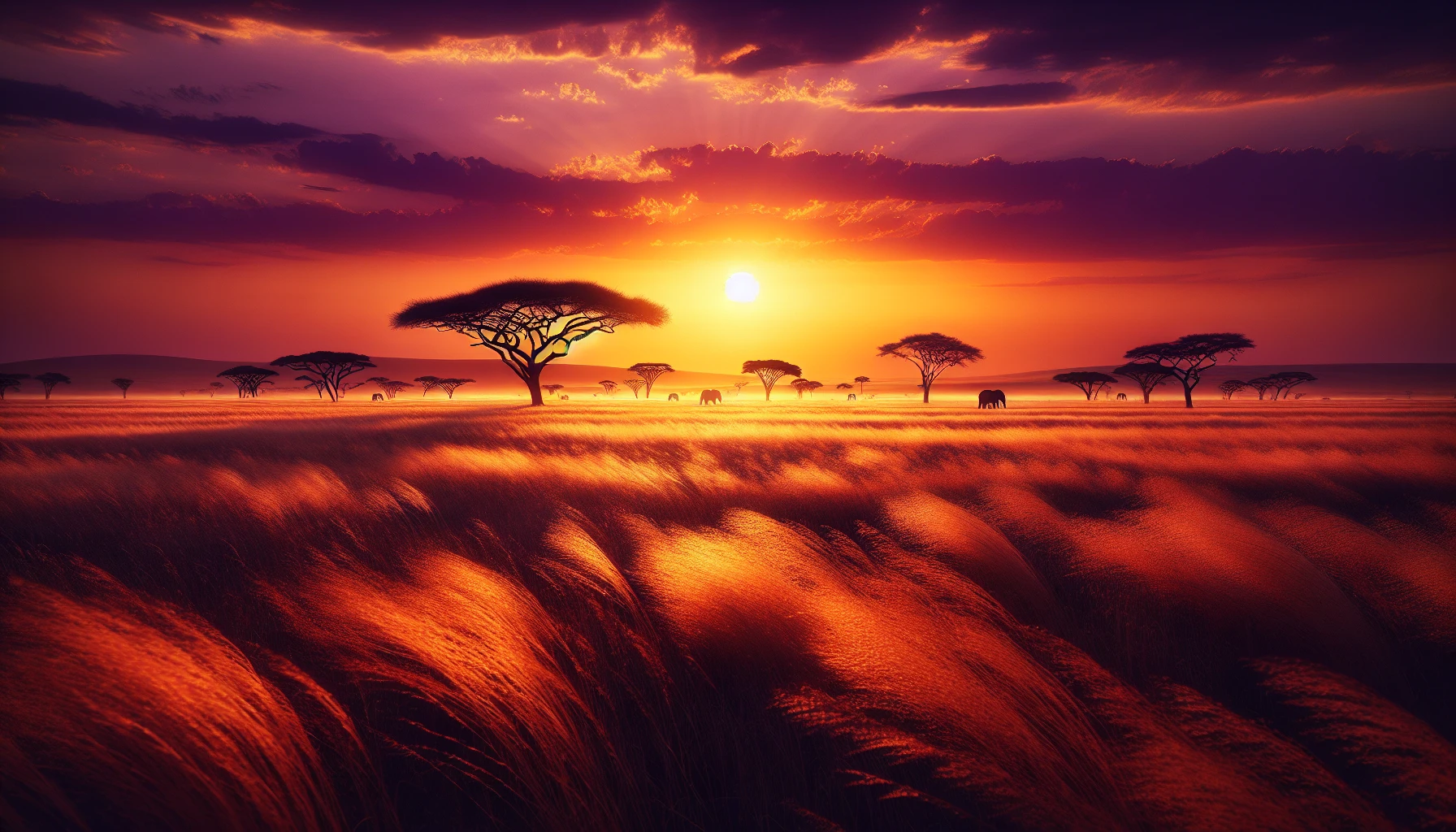 A breathtaking scene unfolds in a vast golden savannah at dusk, where the sun hangs low on the horizon, casting a warm glow over the grasslands. Acacia trees silhouette against the vibrant sky painted in hues of orange and purple. A gentle breeze stirs the tall grasses, creating ripples like waves. In the distance, a herd of majestic elephants gracefully strolls, embodying the wild beauty and serenity of this enchanting landscape.