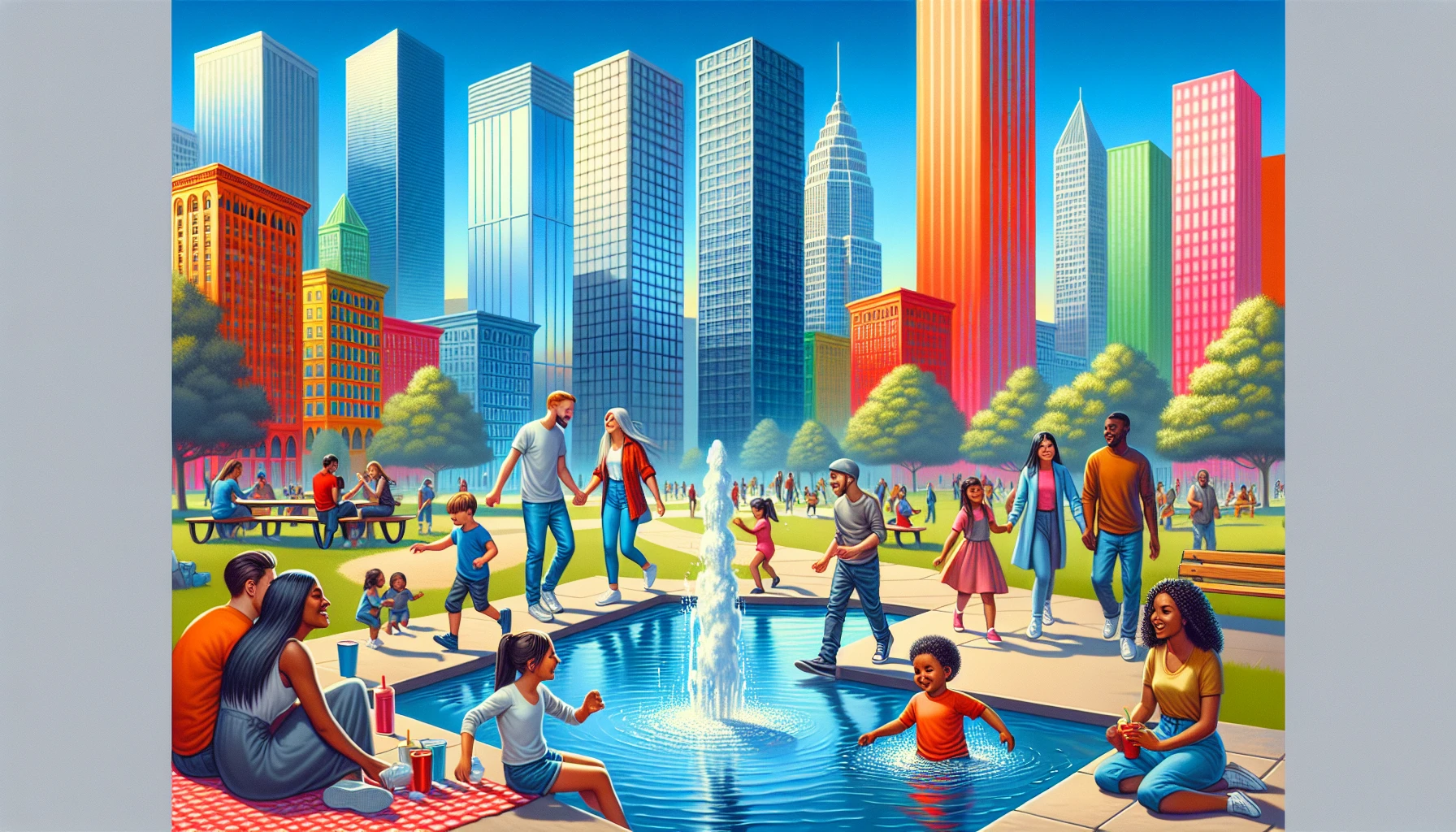 A vibrant urban scene featuring a diverse group of people engaged in lively conversations and activities in a sunlit park. Tall skyscrapers loom in the background, their glass reflecting the blue sky. Children play near a fountain, while friends share laughs on a picnic blanket. The atmosphere is electric with energy, showcasing the beauty of community and connection in the heart of the city.