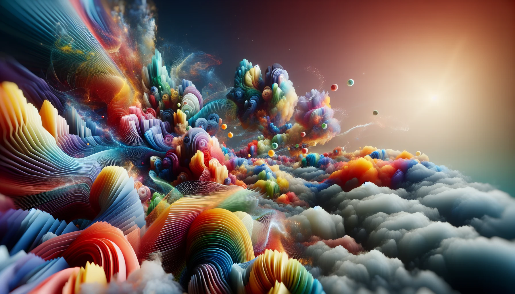 Create a highly detailed dreamscape where a range of colorful geometric shapes are intricately woven together, floating in a surreal environment. Every individual element radiates its own distinct color, forming fluid patterns that seem to suggest motion. Wispy clouds are drifting alongside, mirroring the vivid colors beneath them. The scene is lit by soft, ethereal light, drawing spectators into a journey through this captivating, mesmerizing realm.