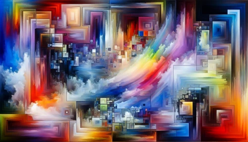 Create an abstract artwork with a captivating blend of vibrant colors and geometric shapes, arranged dynamically across the canvas. Highlight an interplay of light and shadow to create depth and movement in the piece. The artwork should feature different textures to enhance the visual experience, and pull viewers into a world of creativity and imagination.