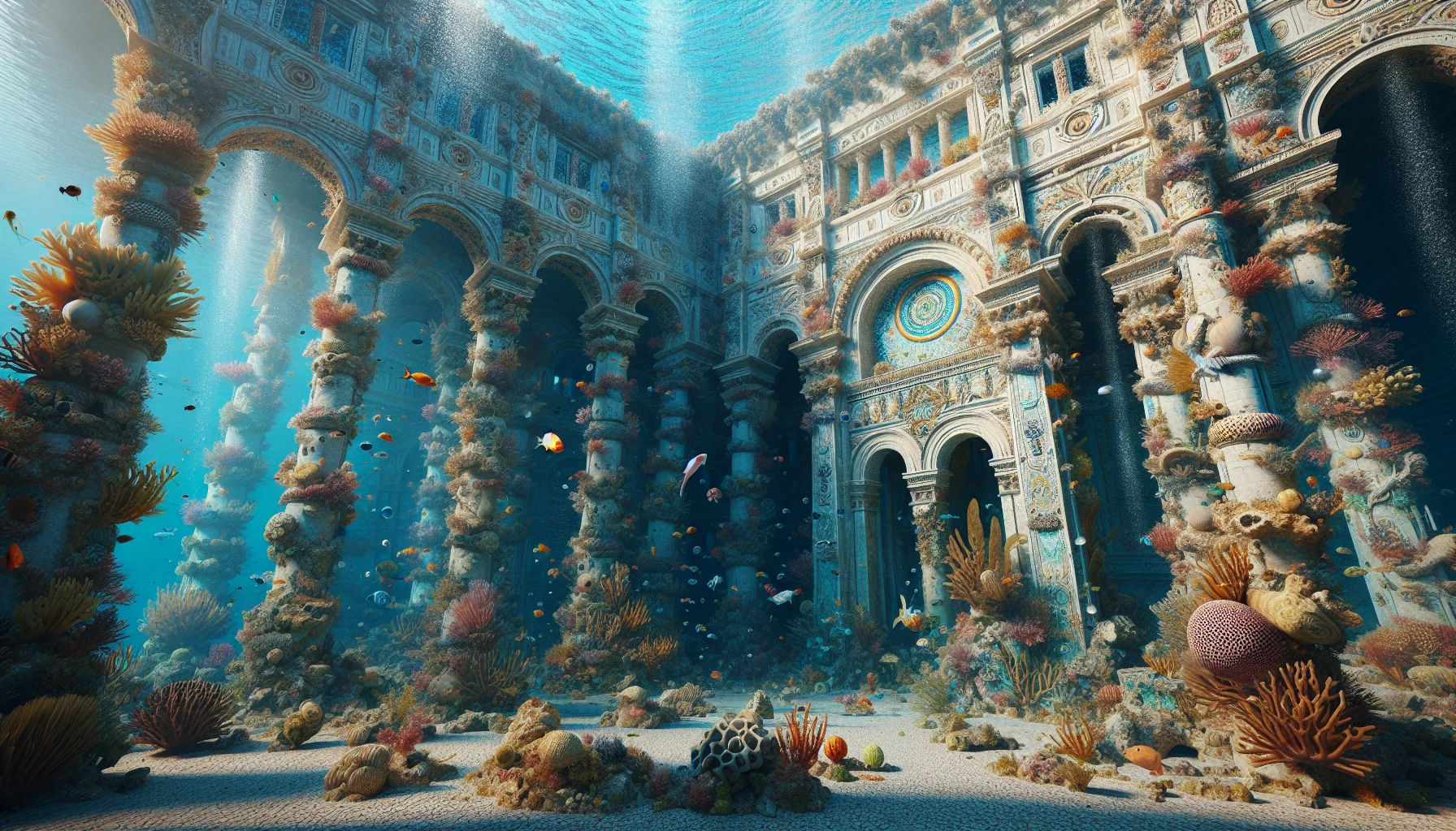 Imagine a magnificent underwater palace, its grand architecture reminiscent of ancient civilizations, adorned with coral and marine life. Sunlight filters through the crystalline water, illuminating intricate mosaics on the walls, and colorful fish dart through the arches. Giant seaweed sways gently, framing the structure, while soft bubbles rise from the ocean floor, creating a dreamlike atmosphere that invites exploration and wonder in this forgotten realm of beauty.