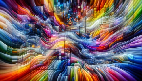 Create a mesmerizing digital landscape with vibrant colors blending seamlessly in an intricate array pattern. Visualize the elements moving harmoniously, forming a kaleidoscopic effect. Blend geometric shapes with fluid waves to create a stunning visual tapestry capturing the essence of modern art. Use the soft lighting technique to enhance the depth and invite exploration into the captivating world.