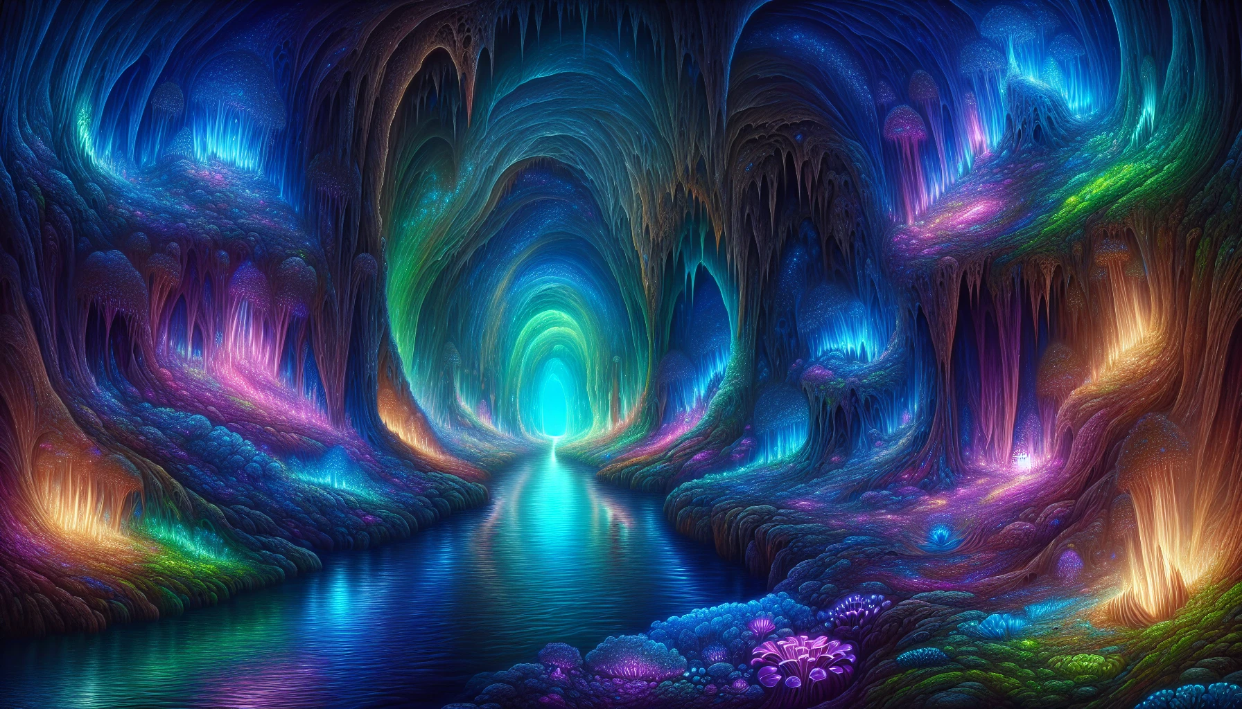 Deep within the heart of a fantastical landscape, a luminescent cave beckons with its vibrant colors and glowing stalactites. Each wall radiates a spectrum of blues, purples, and greens, casting a mesmerizing light that dances upon the shimmering water below. Intricate rock formations resemble ancient sculptures, while bioluminescent flora thrives in every crevice, creating an otherworldly atmosphere that feels both magical and serene.