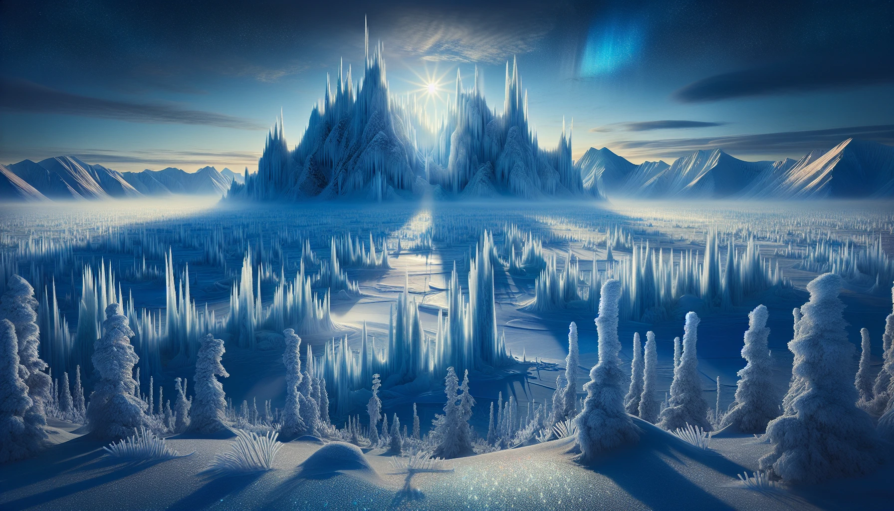 Envision an expansive frozen tundra where shimmering ice spires pierce the vivid azure sky, reflecting the light of the shimmering sun. The ground is blanketed in a soft layer of glistening snow, dotted with frosted pine trees. Wisps of fog curl across the landscape, while distant mountains rise majestically, their peaks encased in an eternal ice. The serene silence is punctuated by the distant call of arctic wildlife.