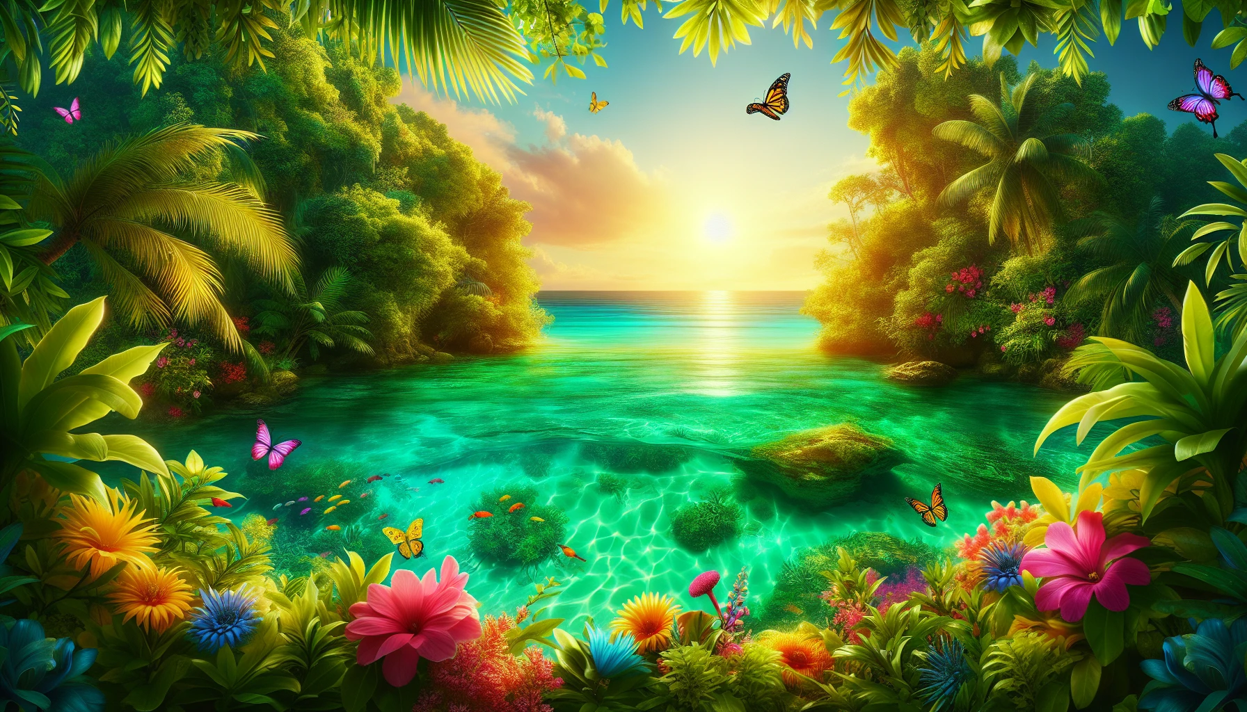 Immerse yourself in a breathtaking scene inspired by the lush beauty of an emerald lagoon. The crystal-clear waters glisten under a golden sun, surrounded by vibrant tropical foliage and exotic flowers in full bloom. Gentle waves ripple as colorful marine life darts beneath the surface, while delicate butterflies flit overhead. A serene atmosphere invites the viewer to escape into this enchanting paradise, where nature thrives in perfect harmony.