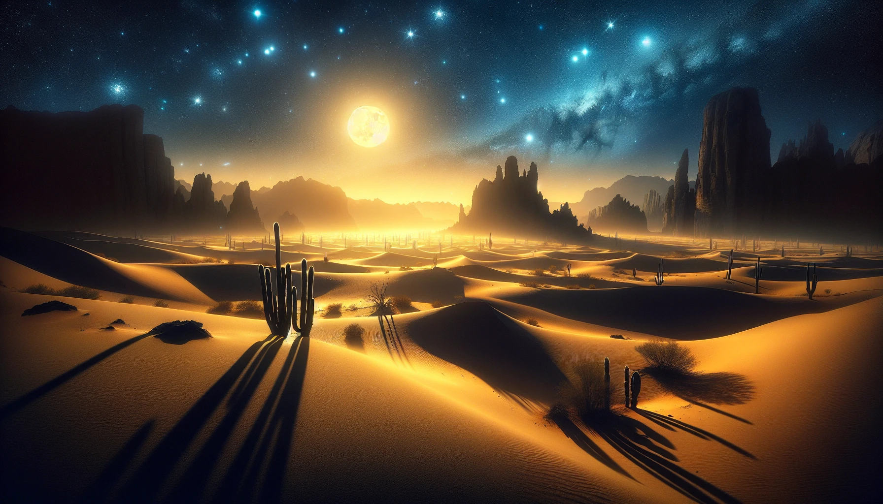 Under a blanket of shimmering stars, the vast desert stretches endlessly, its golden sands glowing softly in the moonlight. Silhouettes of jagged rock formations rise dramatically against the night sky, while a gentle breeze stirs the dry air. In the foreground, scattered cacti stand like guardians of this serene landscape, their silhouettes casting elongated shadows. The celestial tapestry above twinkles with distant constellations, creating a magical, otherworldly atmosphere.