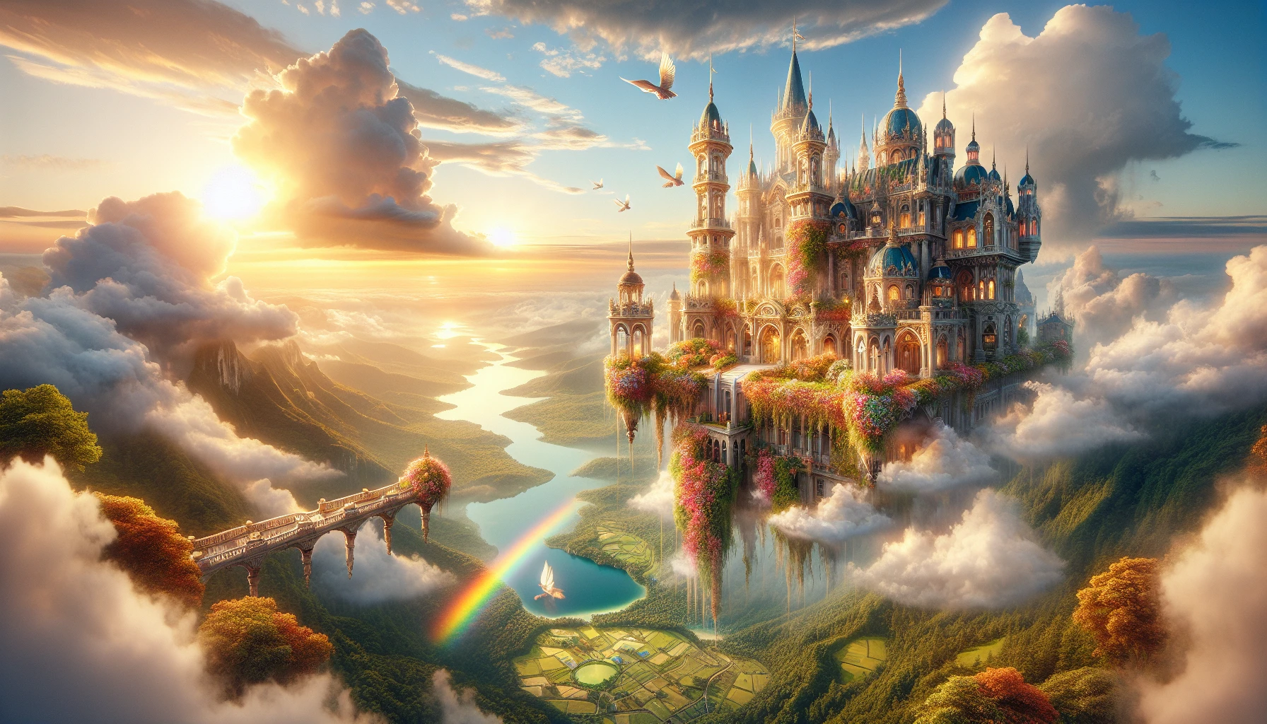 Imagine a majestic castle floating amidst the clouds, its intricate towers and spires bathed in golden sunlight. This enchanting structure is adorned with vibrant vines and cascading flowers, surrounded by fluffy white clouds that drift lazily by. Below, a breathtaking landscape unfolds, featuring lush valleys and glistening lakes that mirror the serene sky above. A rainbow arcs gracefully, adding a splash of color to this ethereal scene.