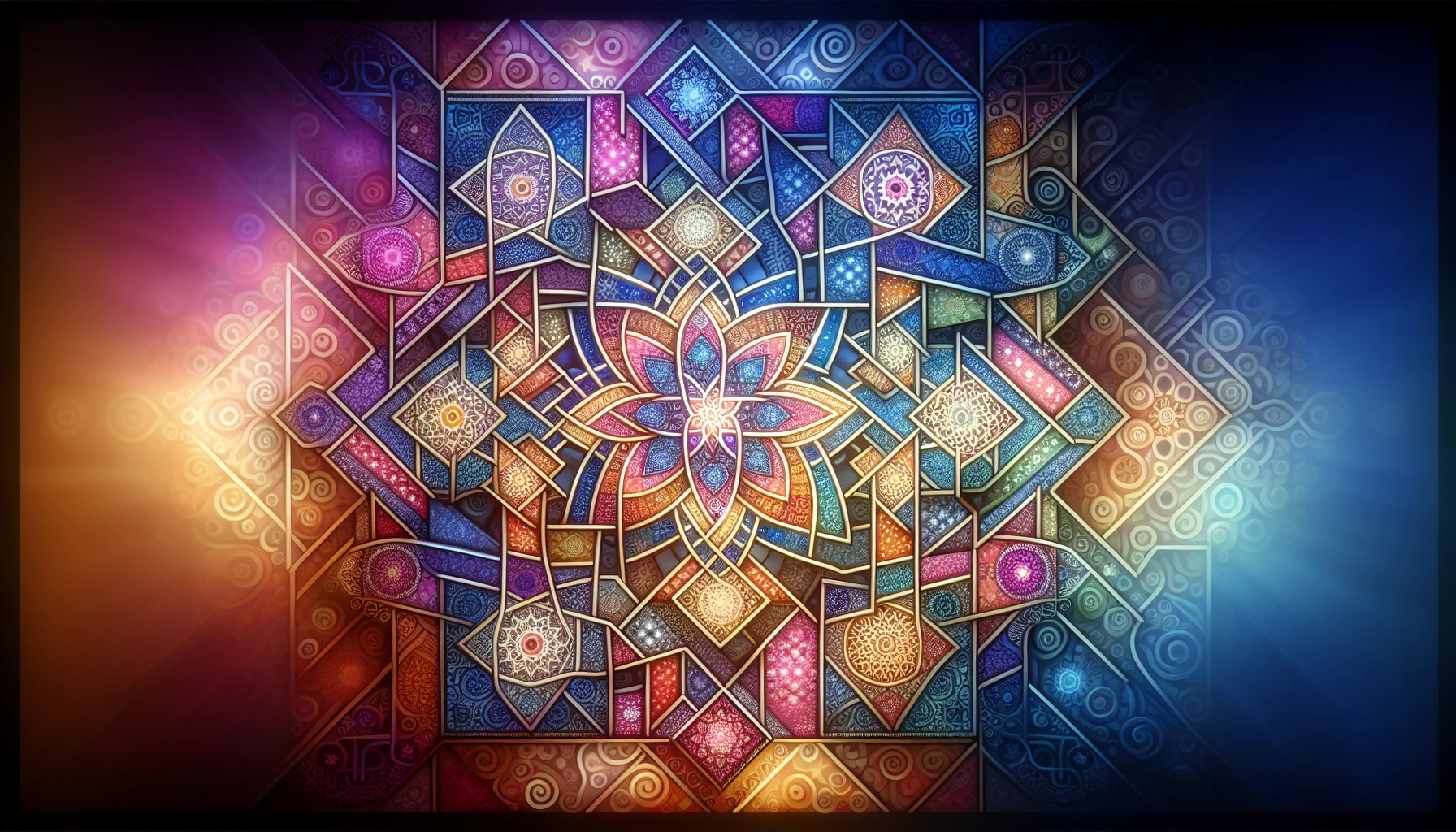 A mesmerizing fusion of intricate Islamic geometric patterns, radiating in vibrant colors and delicate symmetry fills the canvas. Each shape, from stars to interlocking circles, tells a story of spirituality and unity. The backdrop features a soft gradient reminiscent of twilight, enhancing the elegance of the designs. Light plays off the surfaces, creating a subtle glow that invites viewers to explore the depths of this timeless art form.