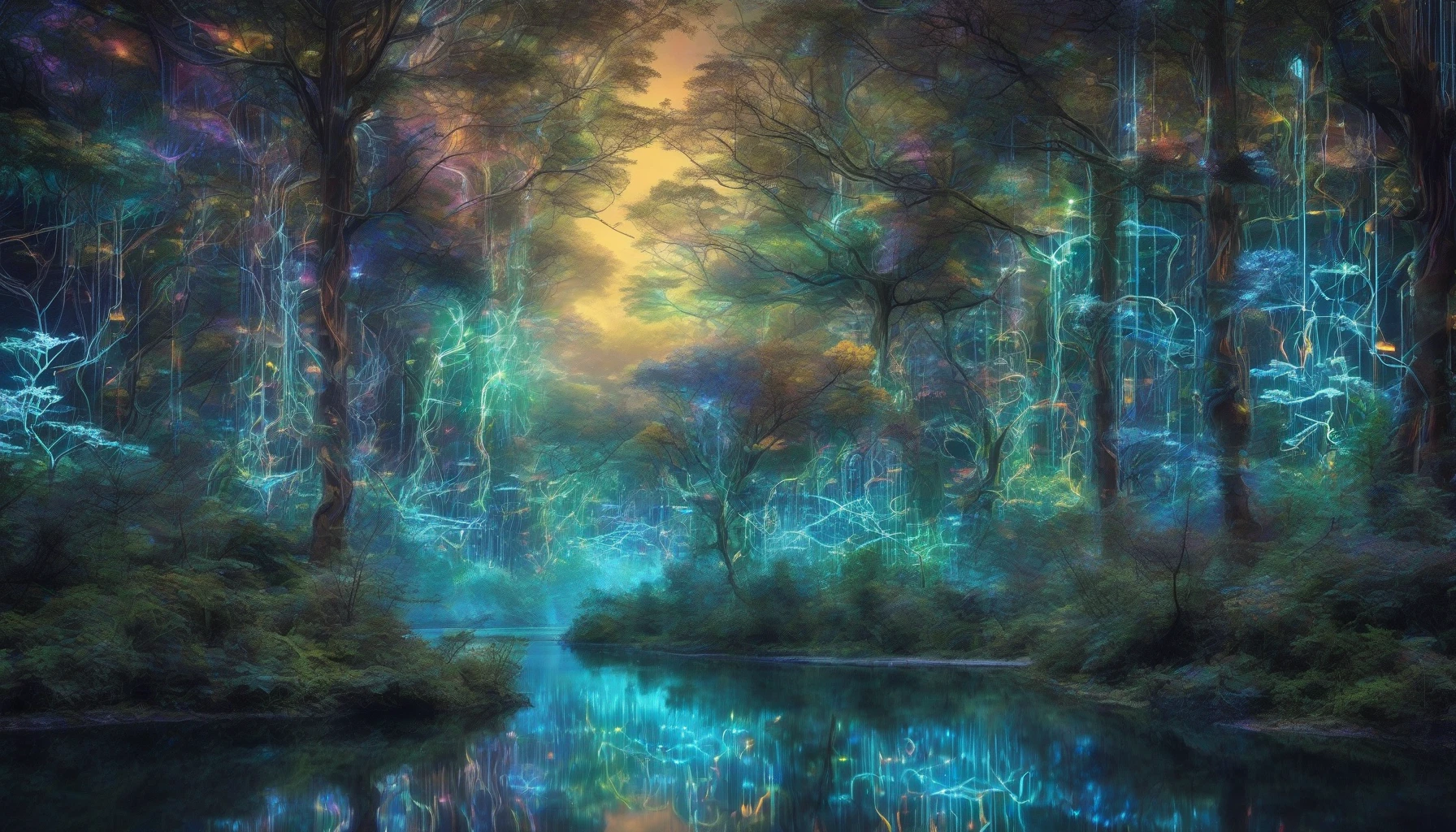 Imagine a stunning landscape where towering trees entwine with illuminated circuit boards, creating a breathtaking fusion of nature and technology. A serene river flows through a digital forest, its waters reflecting shimmering holograms of wildlife. Vivid bioluminescent plants pulse with the rhythm of electric currents, while birds made of light soar above. This image captures the balance and tension between the organic and the artificial, inviting contemplation of coexistence.