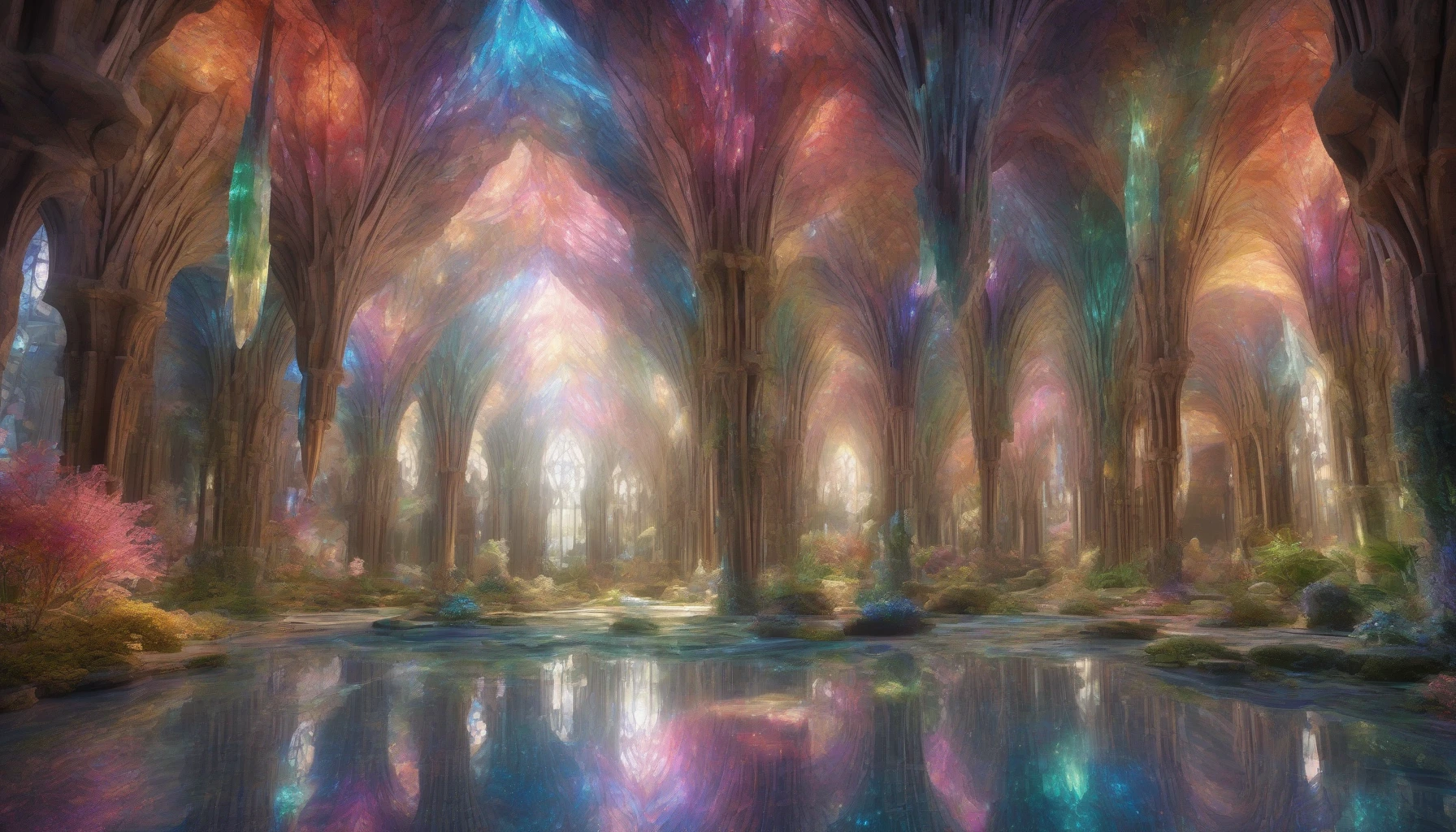 Imagine a grand underground cathedral, its soaring arches formed entirely of shimmering crystals, reflecting a kaleidoscope of colors onto the stone floor. Soft, ethereal light filters through the crystalline structure, casting enchanting patterns as if the very walls are alive with energy. Stalactites hang like chandeliers from the ceiling, while lush greenery weaves through the architecture, harmonizing nature with this surreal, otherworldly sanctuary.