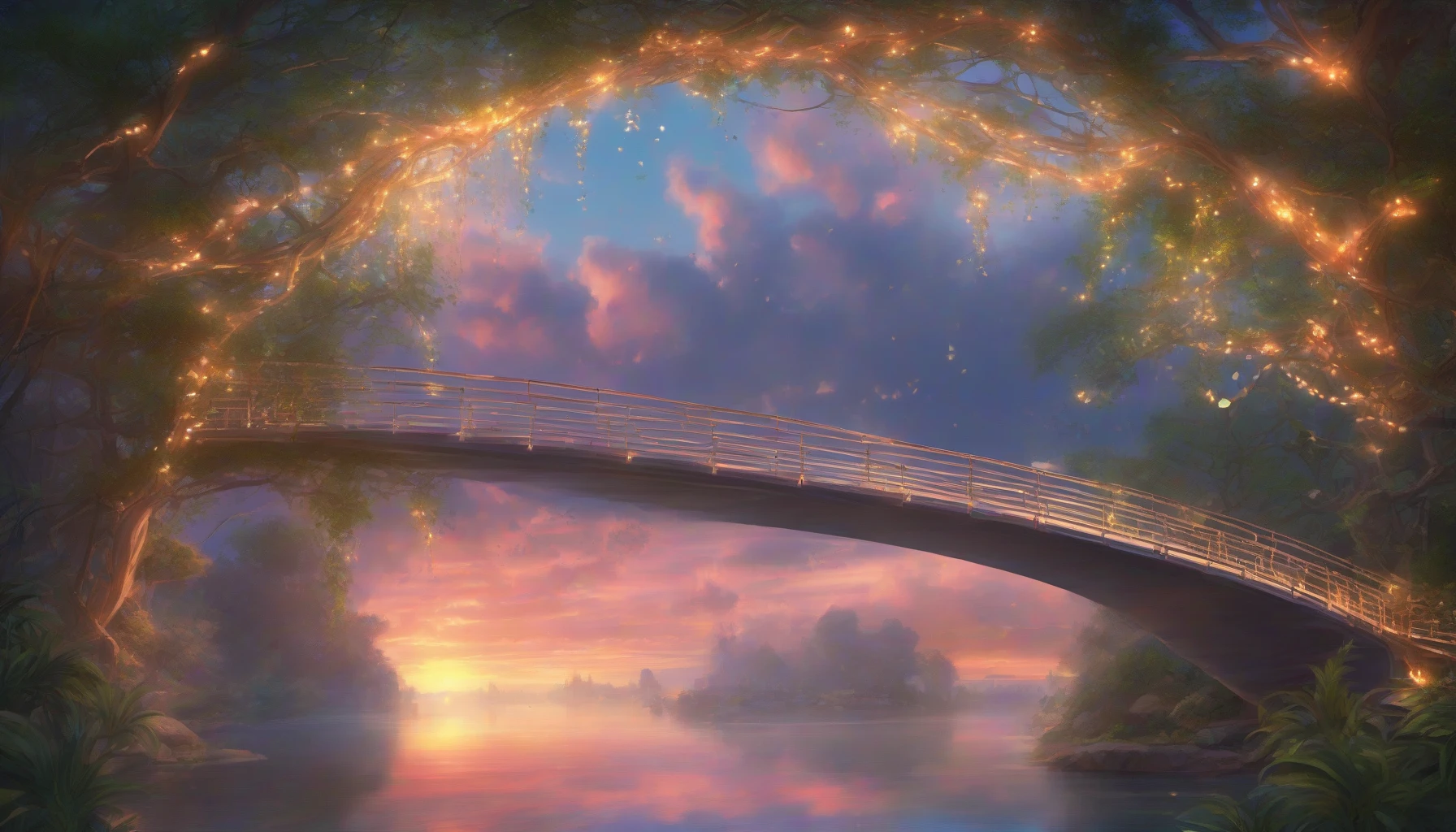 Imagine a majestic, translucent sky bridge arching gracefully across a vibrant sunset-drenched sky. Wisps of clouds envelop the bridge, creating a soft, dreamy ambiance. Ethereal lights twinkle along the structure, illuminating the path with a mix of warm and cool tones. Below, a serene landscape unfolds, combining lush greenery and shimmering waters, inviting viewers to step into this fantastical realm where reality meets imagination.