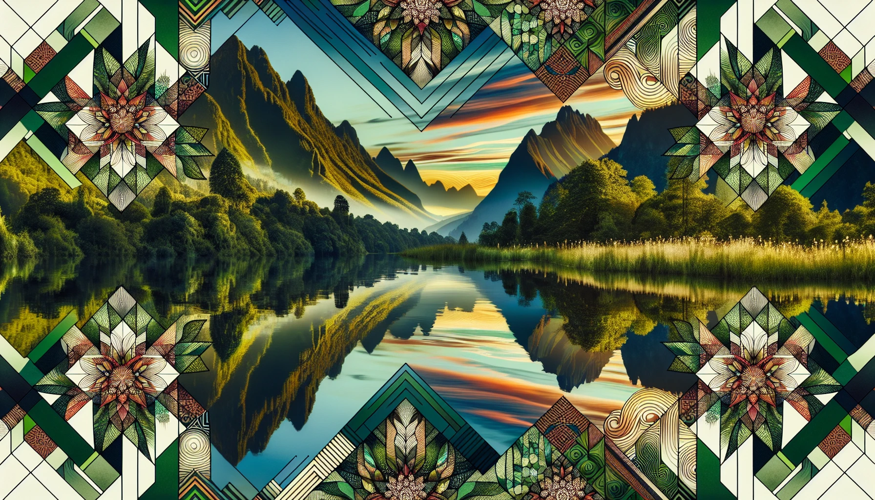 Create a mesmerizing image showcasing lush landscapes intertwined with intricate geometric patterns. Envision vibrant colors of nature, like deep greens and bright florals, merging seamlessly with bold lines and symmetrical shapes. The patterns should dance across the scene, reflecting in serene waters and framing majestic mountains, evoking a sense of balance and unity between organic beauty and structured design.