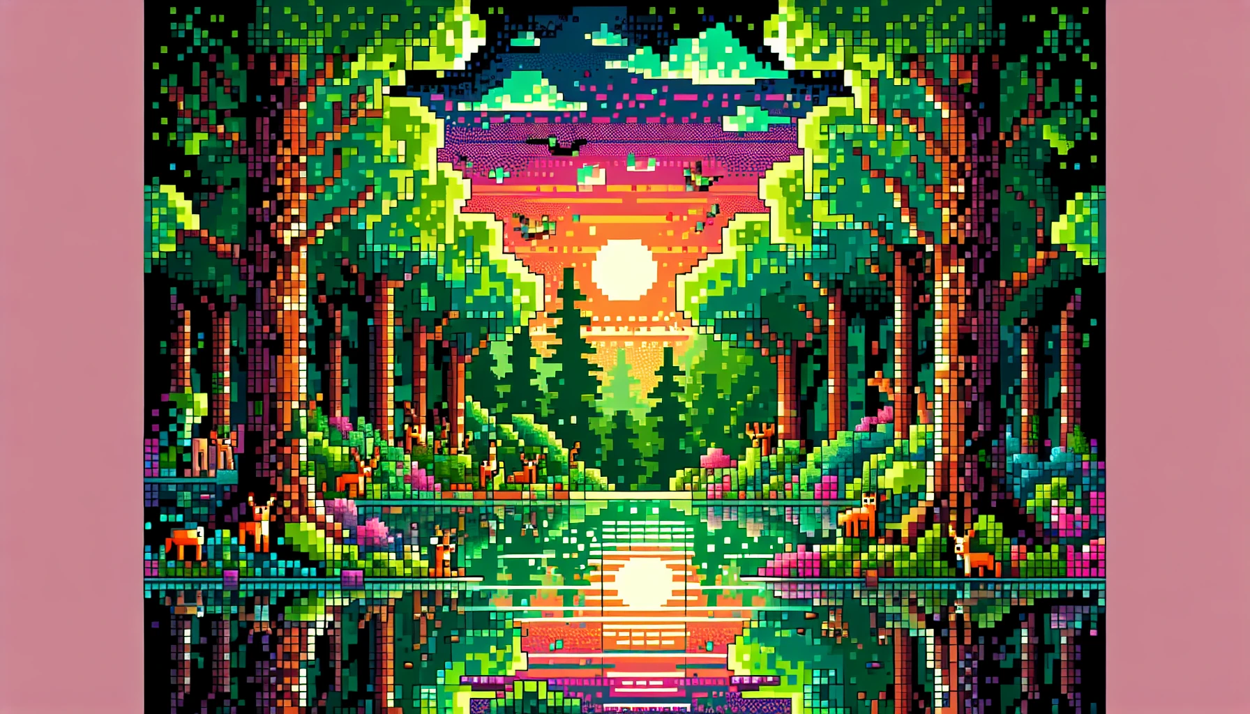 Imagine a vibrant pixel art landscape where an enchanted forest bursts with color. Each tree is a mosaic of bright greens and deep browns, while whimsical creatures, crafted from tiny squares, flit throughout. A pixelated sunset casts warm hues of orange and pink across the sky, reflecting on a sparkling lake below, creating a nostalgic yet magical atmosphere that invites the viewer to explore every corner of this digital haven.