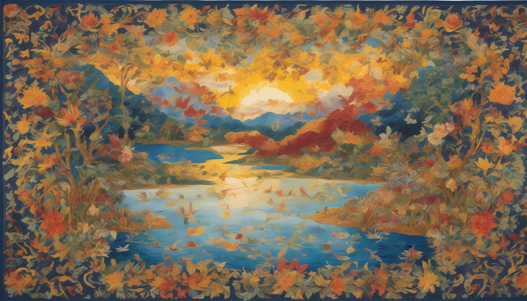 A vibrant tapestry unfolds, intertwining vivid symbols of nature and emotion—a golden sun rising over a serene lake, representing hope and renewal. Intricate patterns of leaves and flowers dance around figures embodying joy and sorrow, each element meticulously crafted to evoke a deep sense of connection. The palette bursts with life, pulsating energies that draw the viewer into a world where every symbol tells a story.