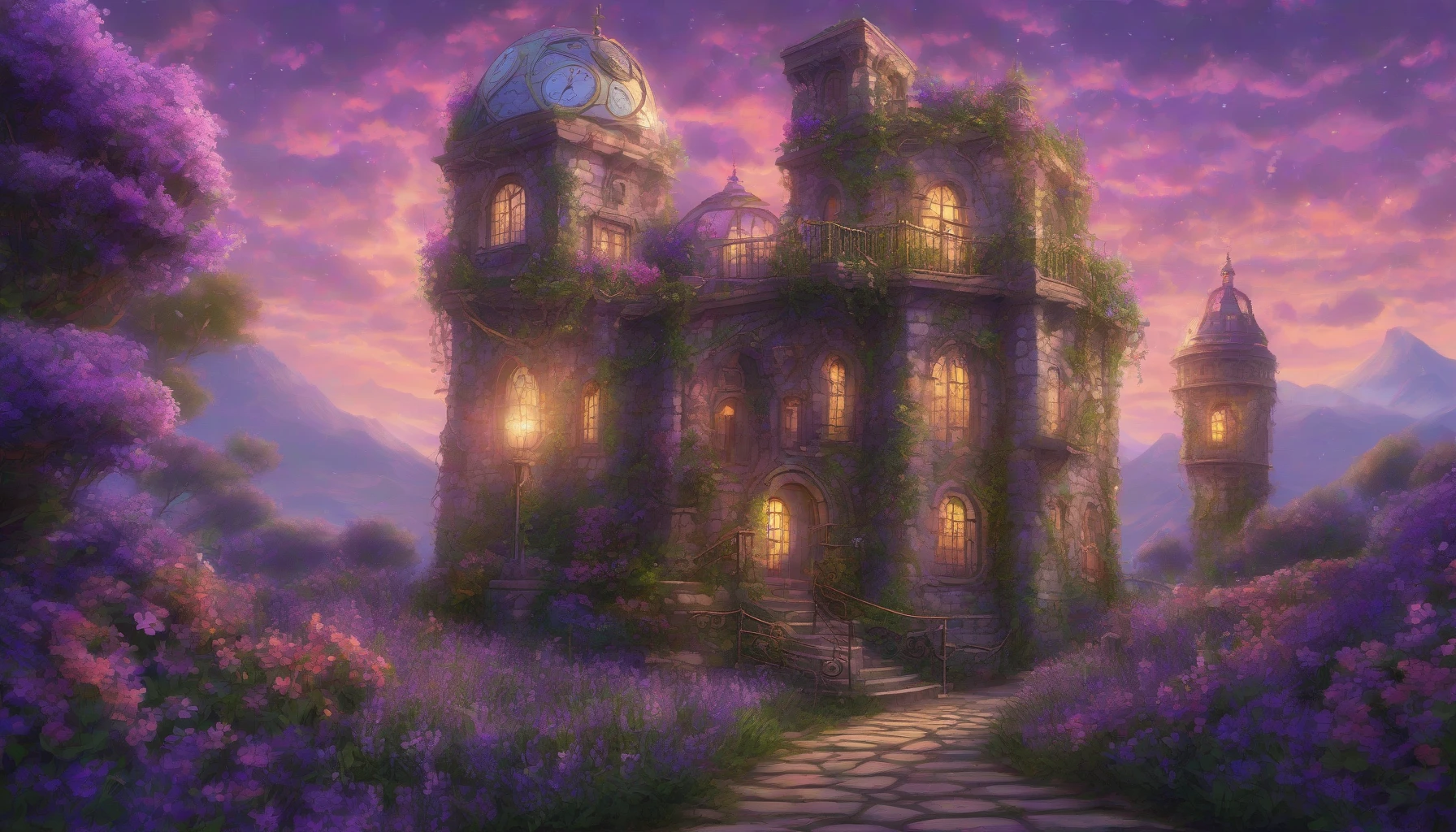 In a mystical landscape where time bends, the Enchanted Clockwork Tower stands tall, its intricate gears and cogs glimmering under a lavender sky. Lush vines entwine around its metallic structure, while ethereal lights dance around it, casting mesmerizing shadows. Below, a cobblestone path winds through vibrant wildflowers, leading to a hidden garden that whispers secrets of forgotten time. The air hums with magic and possibility.