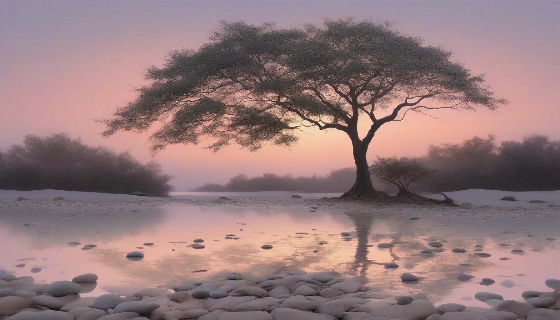 Capture a tranquil landscape where simplicity reigns supreme. Picture a lone, towering tree silhouetted against a pastel twilight sky, its stark branches spreading across the canvas. The foreground features smooth pebbles, perfectly arranged on a bed of soft, white sand, inviting contemplation. Gentle ripples in a nearby pond reflect the soft hues of the sunset, evoking a peaceful, meditative atmosphere that invites the viewer to pause and breathe.