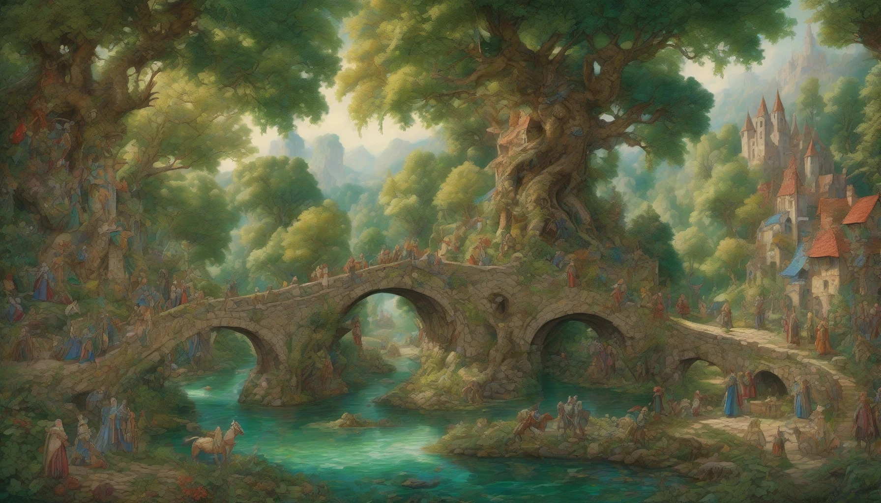 Imagine a lush, vibrant landscape woven together with the intricate aesthetics of medieval art. Towering trees with gnarled branches arch over a tranquil brook, their leaves painted in rich hues of emerald and gold. Knights in ornate armor barter with villagers adorned in colorful, flowing garments, while mythical creatures peek from behind the foliage, adding an enchanting allure to this time-worn scene of harmony and legend.