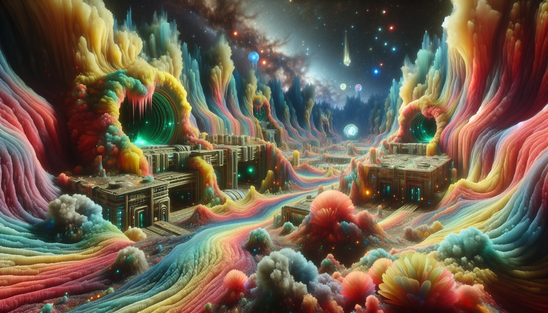 Dive into a surreal landscape where vivid alien flora surrounds intricate mining structures crafted from bizarre materials. Ethereal lights pulse through the air, illuminating hardened tunnels carved into the vibrant, undulating terrain. Strange creatures scuttle about, their forms blending with the luminous crystals jutting from the ground. Above, a swirling nebula casts colorful shadows, encapsulating the otherworldly essence of this alien mining operation.