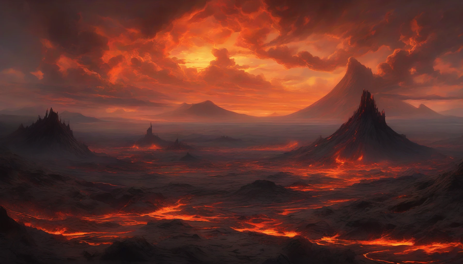 Capture a stunning landscape where molten lava flows through the expansive volcanic plains, shimmering under a brilliant sunset. Towering ash clouds billow into the sky, casting shadows over the rugged terrain dotted with hardy flora. Glowing embers dance in the air, illuminating the stark contrasts between blackened earth and fiery hues. This scene evokes a raw, primal energy, inviting viewers into the heart of nature’s fury.