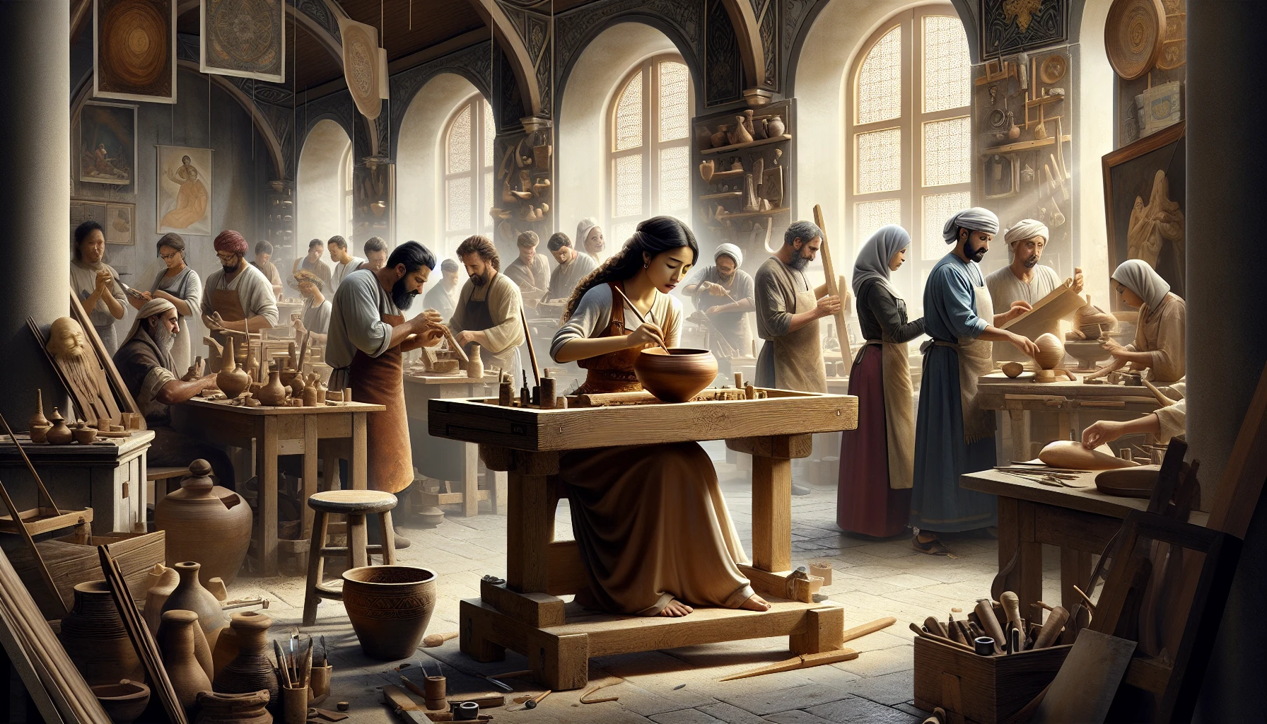 Create a dynamic scene depicting a bustling workshop filled with artisans at work. Highlight a skilled craftsman at the forefront, meticulously shaping wood into a beautiful piece of furniture, surrounded by tools and materials. In the background, other skilled workers engage in various tasks, their expressions reflecting focus and passion. Warm, natural lighting illuminates the space, evoking a sense of dedication and creativity.