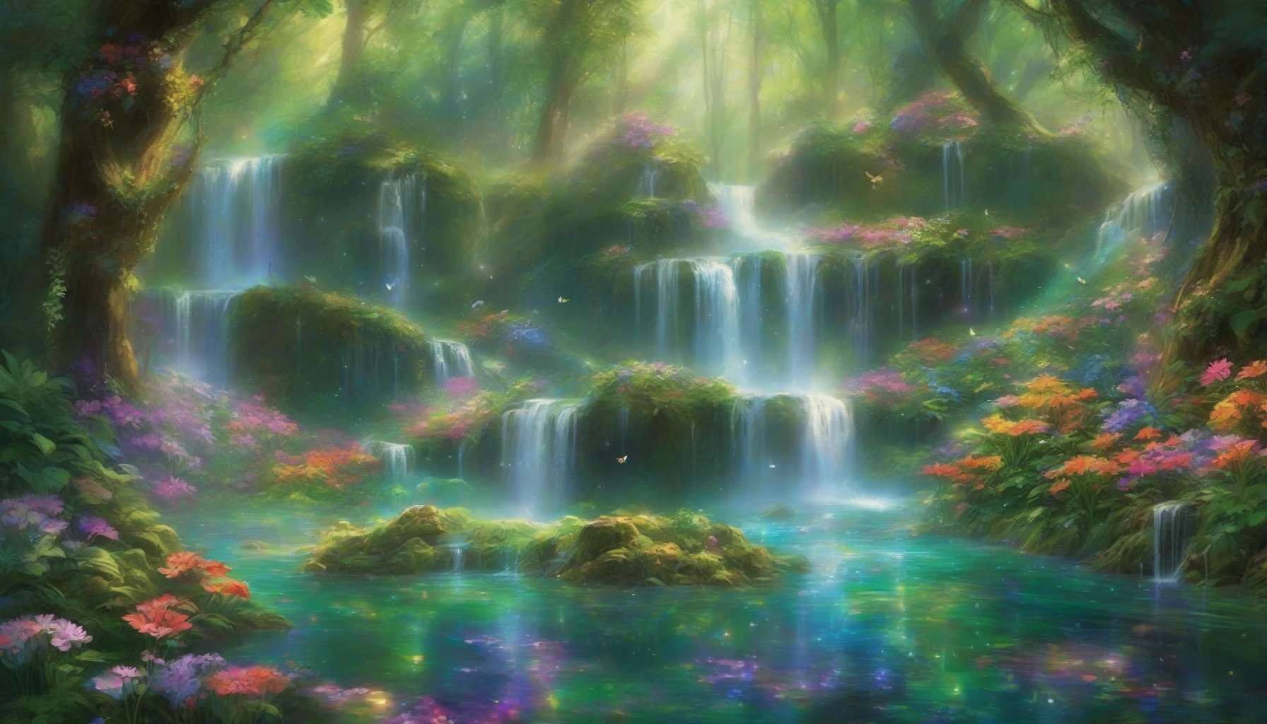 Imagine a breathtaking scene where cascading waterfalls flow through a vibrant, enchanted forest. Lush, emerald-green foliage surrounds the shimmering pools, while colorful flowers bloom at their edges. Sparkling droplets catch the sunlight, creating a rainbow effect amidst the mist. Ethereal creatures, like fairies and glowing butterflies, flit about, enhancing the magical atmosphere of this serene yet lively woodland oasis.