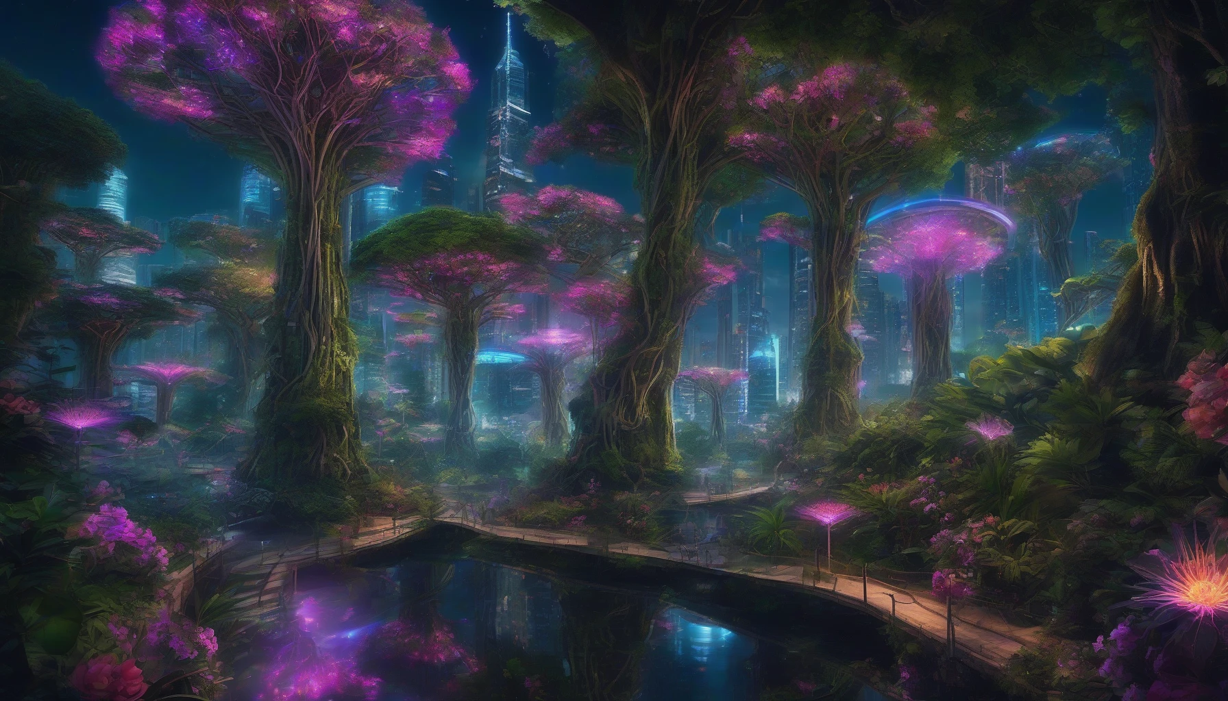 Imagine a breathtaking landscape where towering skyscrapers entwine with ancient trees, their roots intertwining with modern technology. Neon lights pulsate gently against a backdrop of lush greenery, while drones hum softly overhead, tending to vibrant flower gardens. Bioluminescent plants illuminate the tranquil pathways, creating an ethereal glow. This striking image captures the balance between innovation and nature, showcasing a world where technology not only coexists but enhances the beauty of the environment.