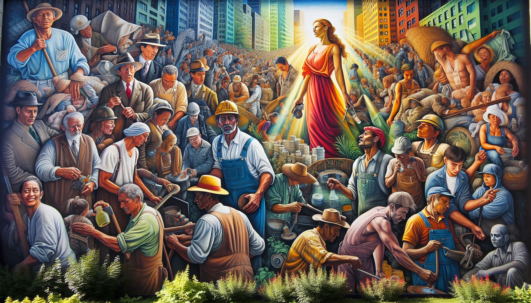 An evocative scene showcasing the beauty of labor, where workers from diverse backgrounds collaborate on a vibrant mural. Each figure, depicted in rich colors, symbolizes their trade—artisans, farmers, and builders, all deeply engaged in their craft. The background is a bustling cityscape, blending nature with urban life, as sunlight filters through the trees, illuminating their hard work and dedication to community and creativity.