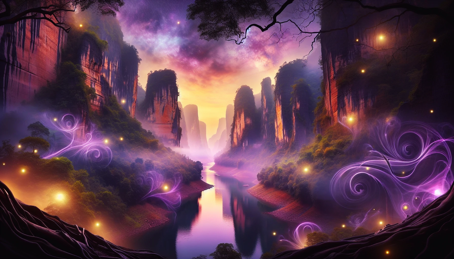 A breathtaking scene of a mystic canyon at twilight, where towering rock formations blend ethereal colors of purple and gold. Wisps of mist dance between jagged cliffs, while a tranquil river reflects the mesmerizing hues above. Wisps of fireflies illuminate the darkening atmosphere, and ancient trees cling to the canyon's edge, adding an air of enchantment to this otherworldly landscape.