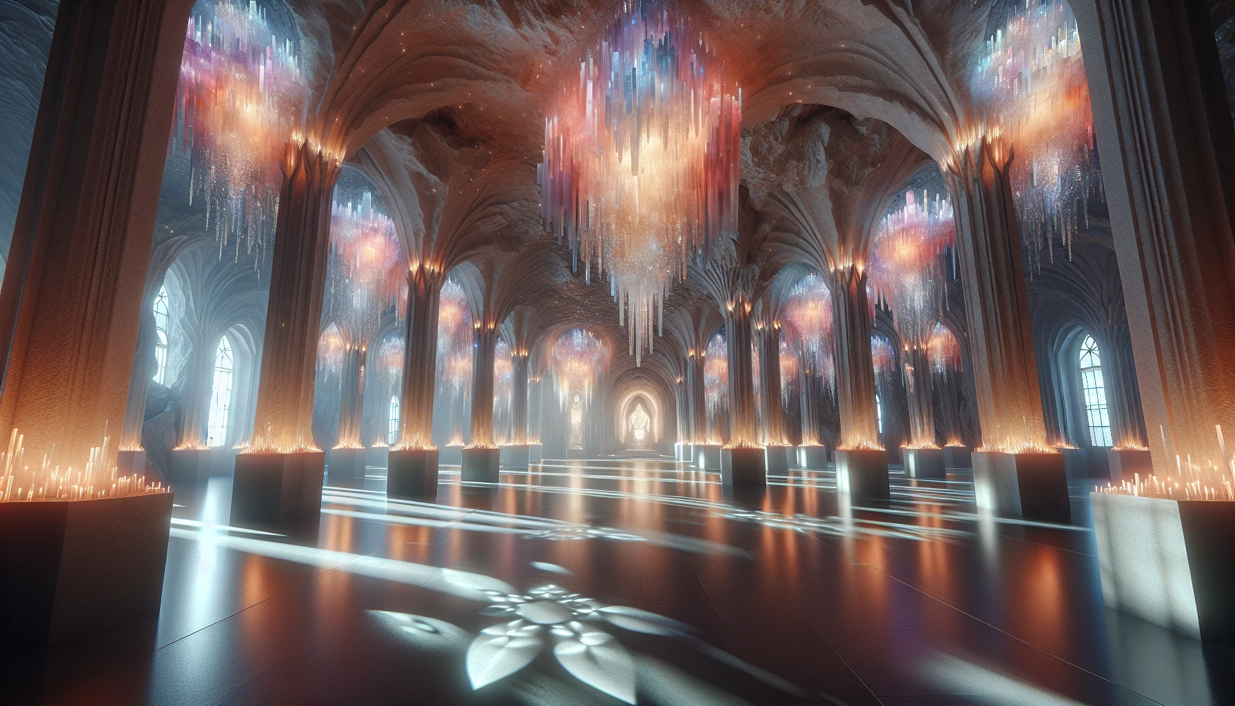 Envision a breathtaking underground cathedral, its soaring arches and walls adorned with luminous crystals that refract light into a kaleidoscope of colors. Stalactites dangle from the ceiling like nature's chandeliers, while ethereal shadows dance across the polished stone floor. Flickering candles illuminate sacred altars carved from ancient rock, creating an atmosphere where serenity meets magic, inviting visitors to lose themselves in a realm of tranquility and wonder.