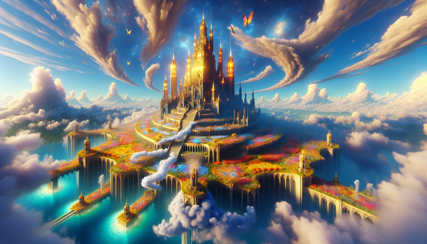 Imagine a majestic castle floating high above the clouds, its towers glistening in the golden sunlight. Ethereal gardens cascade from the castle walls, filled with vibrant flowers and shimmering waterfalls. Wisps of mist swirl around the structure as colorful birds flutter about. Below, a vast sky of deep blue is dotted with fluffy white clouds, creating a serene and magical atmosphere that invites adventure and wonder.