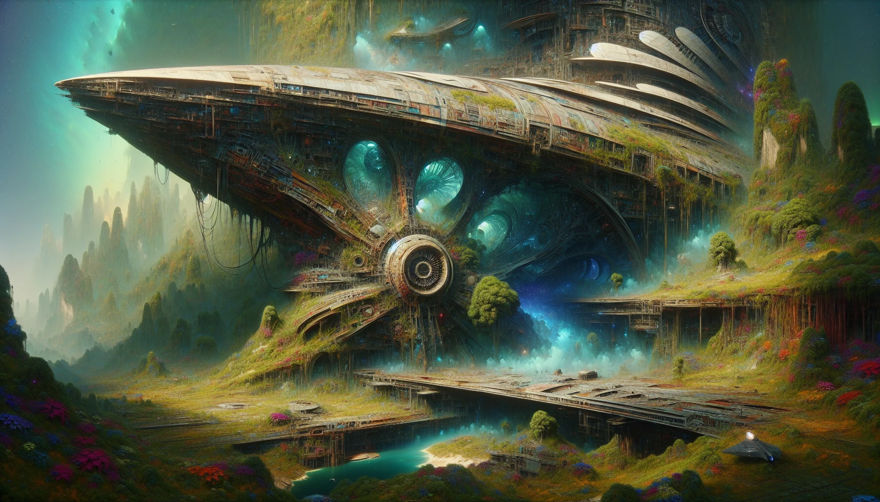 Picture a colossal abandoned starship, its once-sleek hull rusted and scarred by time. Draped in vibrant alien flora, the ship rests on a lush, overgrown planet, its broken windows reflecting distant stars. Ethereal blue mist swirls around, hinting at forgotten technologies and lingering secrets. A derelict control panel flickers faintly, alongside eerie shadows of past crew members, evoking a haunting blend of nostalgia and mystery.