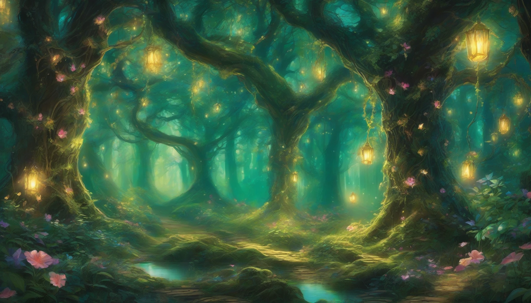 Imagine a breathtaking scene of an enchanted forest, where towering trees stretch high into a radiant sky, their leaves shimmering with hues of emerald and gold. Luminous flowers dot the forest floor, illuminating a winding path that beckons adventurers. Mysterious creatures peek from behind the trunks, while soft, magical light filters through the branches, creating a serene atmosphere that is both mystical and inviting.