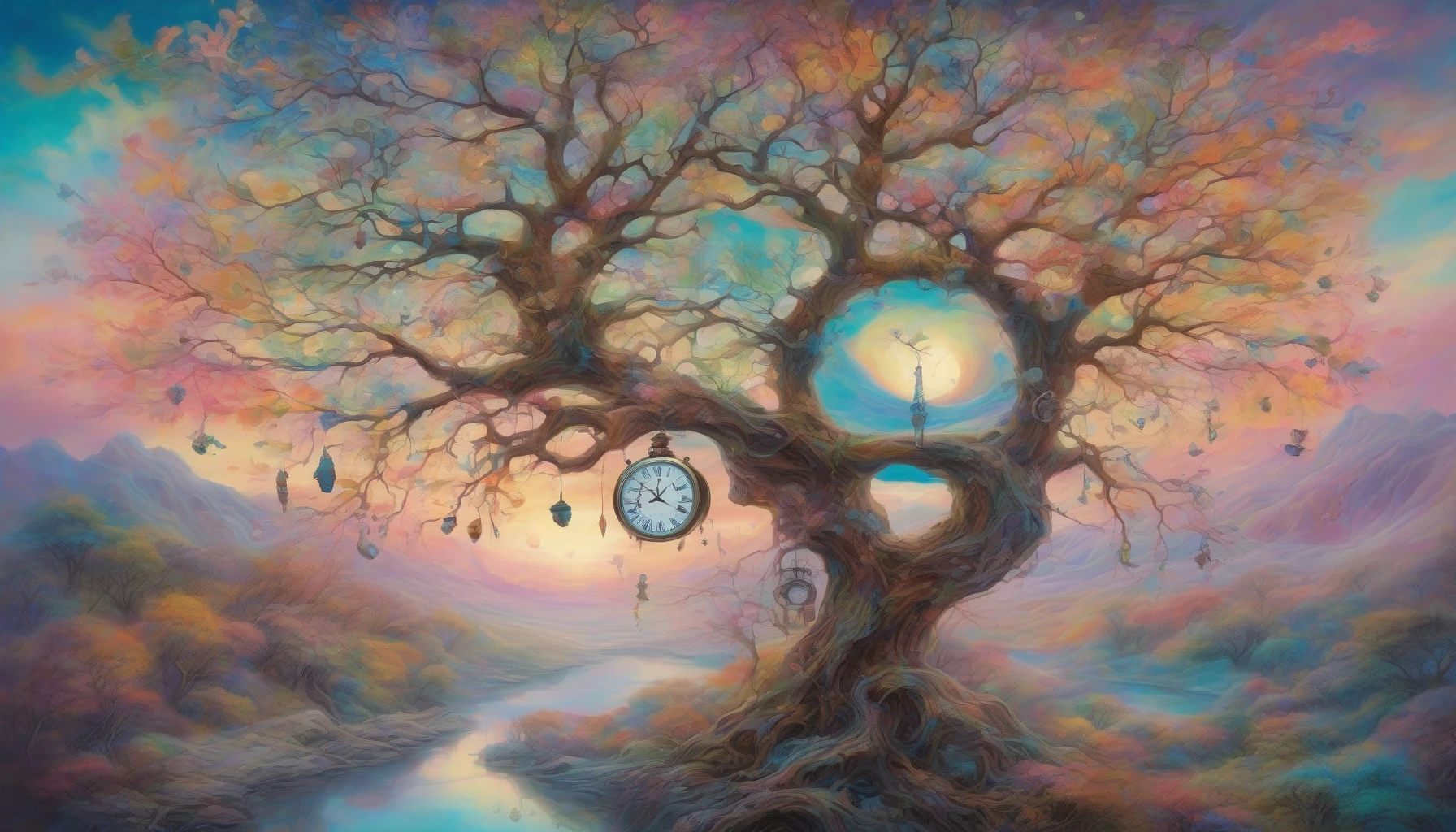 Imagine a surreal landscape where flowing clocks intertwine with wispy memories. Vivid pastels paint a dreamlike sky, as fragmented images of cherished moments float like clouds. A winding river of liquid time meanders through this ethereal realm, reflecting the vibrant colors of nostalgia. In the foreground, a wise old tree stands sentinel, its branches adorned with delicate snapshots, weaving a tapestry of time and memory that invites the viewer to linger.