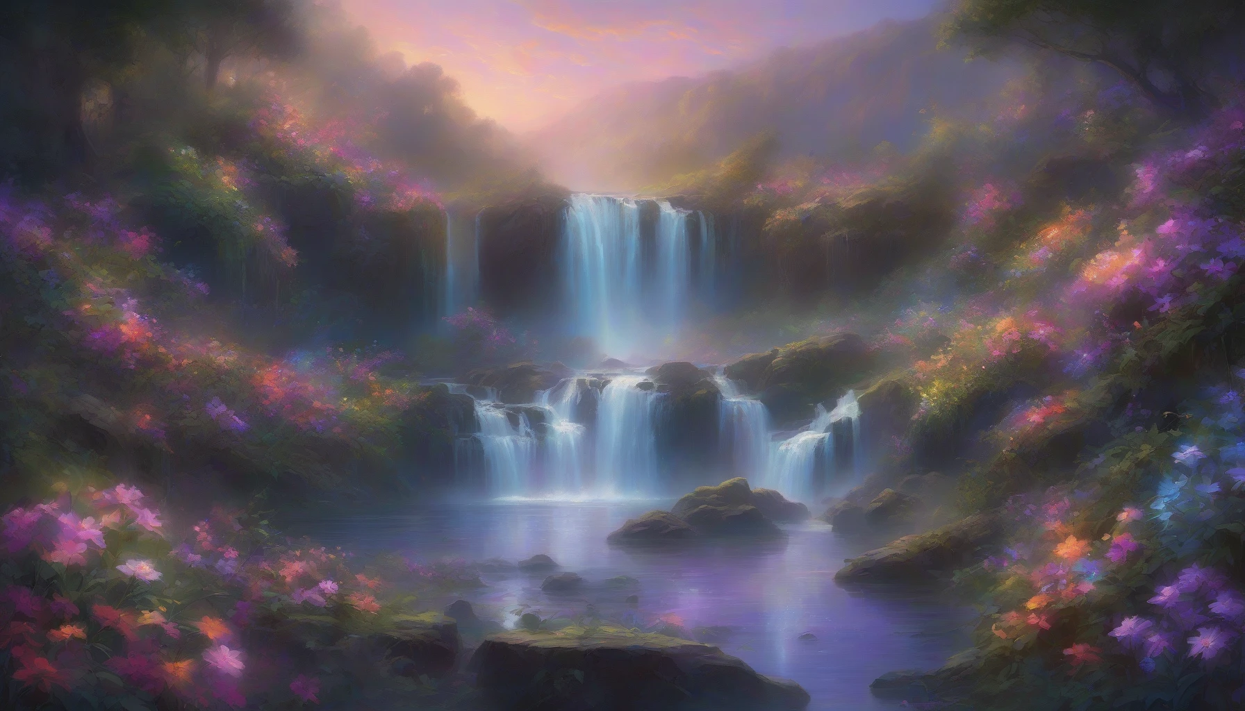 Picture a mesmerizing waterfall cascading down iridescent rocks bathed in the soft glow of twilight. Lush greenery surrounds the scene, with luminous flowers dotting the landscape, their colors shimmering in the fading light. Mist rises gently from the water, creating rainbows that dance through the air. In the distance, ethereal creatures flit about, adding an element of magic to this serene and enchanting paradise.