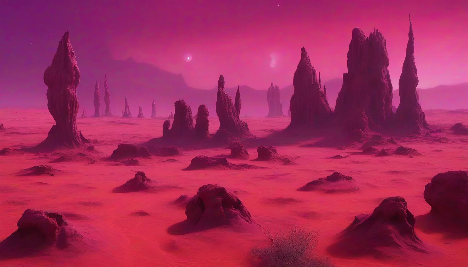 On a deserted alien planet, the landscape is dominated by vast expanses of crimson sand, rippling under an eerie violet sky. Strange rock formations rise like ancient sculptures, twisted and jagged, casting elongated shadows. In the distance, bioluminescent plants glow softly against the harsh environment, creating an otherworldly oasis. The air shimmers with heat, and the silence is punctuated only by the whisper of the winds, echoing the secrets of this desolate realm.