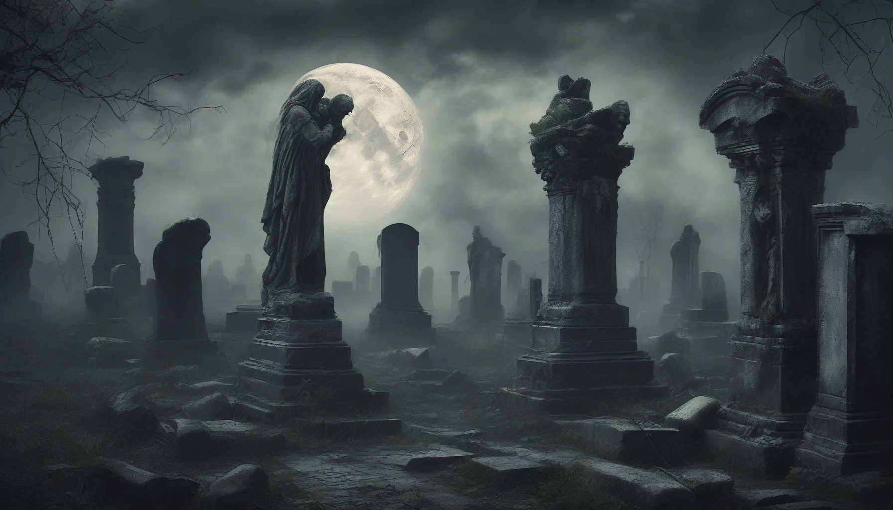 Envision a haunting landscape featuring colossal, crumbling statues emerging from a mist-covered graveyard. Vines creep up their stone features, and a pale moon casts an eerie glow on the weathered remains of ancient civilizations. Dark clouds swirl overhead, while the air is thick with the scent of damp earth and decay. Shadows dance between broken tombstones, hinting at the stories of the fallen that linger in this forgotten realm.