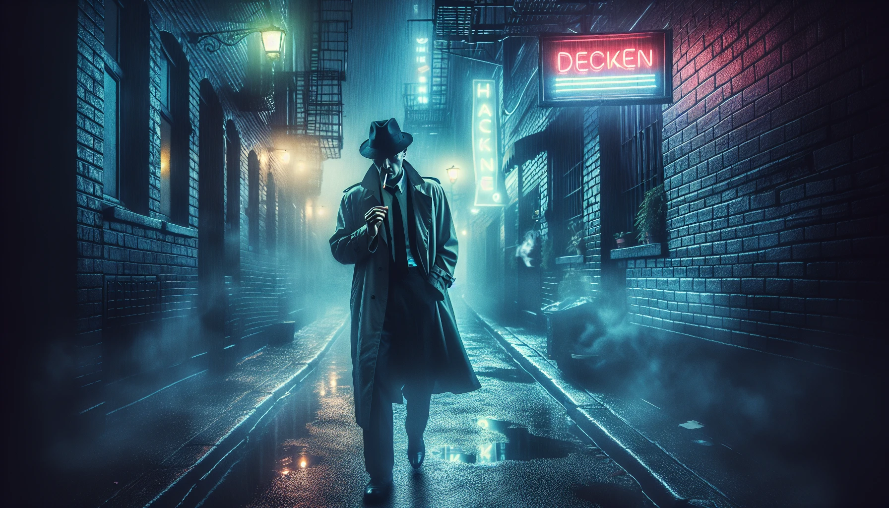 In a rain-soaked, dimly-lit cityscape, a solitary detective navigates the foggy streets, shrouded in a trench coat and fedora. Neon lights flicker, casting an eerie glow on brick walls adorned with secrets. A cigarette hangs from his lips as he uncovers the truth behind a series of enigmatic disappearances. Shadows dance around him, whispering dark tales of betrayal and desire, waiting to be unraveled.