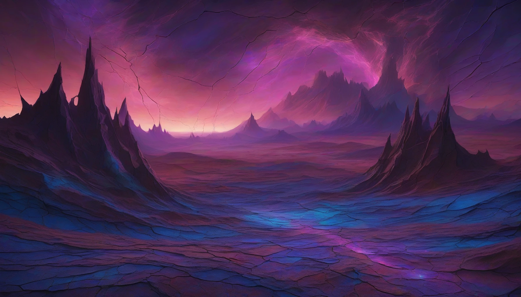 A surreal landscape of a cracked earth surface, revealing an otherworldly glow beneath. The fissures emit vibrant blues and purples, pulsating with an enchanting light that contrasts against the dark, rough exterior. Ethereal wisps of energy swirl above, casting a soft luminescence across the surroundings. In the background, shadowy mountains loom under a twilight sky, creating an atmosphere of mystery and wonder, inviting viewers to explore this breathtaking realm.