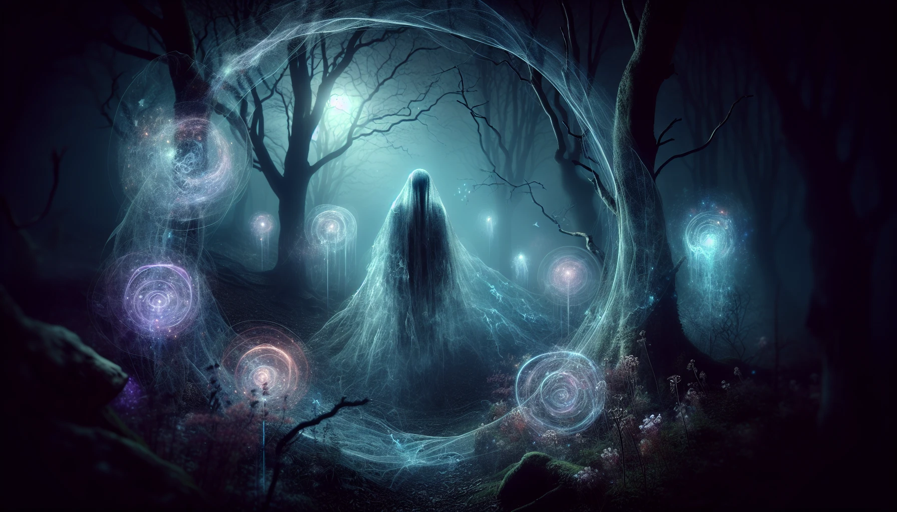 Envision a ghostly figure, draped in misty, translucent fabric, drifting through a darkened forest. A luminous aura surrounds it, radiating soft blues and purples that illuminate the shadows. Wisps of ethereal light swirl around, casting an enchanting glow on ancient trees and illuminating delicate woodland flowers. The atmosphere is thick with mystery, inviting the viewer into a realm where the spirit whispers tales of the past.