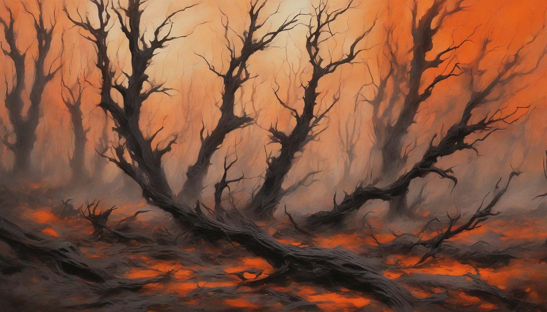 Envision a desolate forest, its charred trees reaching skyward like skeletal fingers against a dramatic, swirling orange sky. Ashen remnants of foliage mix with hints of vibrant orange and crimson hues, casting an ethereal glow. Wisps of smoke intertwine with the fading light, creating a surreal atmosphere. The ground, covered in dark, blackened debris, contrasts sharply with the fiery skyline, evoking a sense of both destruction and beauty.