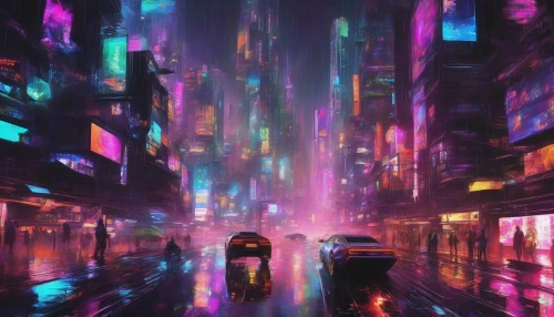 Immerse yourself in a vibrant cyberpunk metropolis, where towering skyscrapers adorned with pulsating neon lights scrape the starless sky. The streets teem with life, from hovercars zipping by to cybernetic beings mingling under colorful advertisements. Holographic displays flicker with dynamic visuals, casting an otherworldly glow on the rain-slick pavement, while a distant synthwave soundtrack pulsates through the air, transporting you to a thrilling futuristic realm.