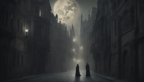 A hauntingly beautiful scene unfolds in a dimly lit alley, where twisted architecture looms high above. Dark, intricate patterns mimic gothic artwork, while a mysterious figure cloaked in shadows stands defiantly, illuminated by the soft glow of an ethereal moon. The air is thick with an aura of mystery, as swirling fog and silent whispers echo the essence of a forgotten world, blending macabre elegance with anime's dynamic flair.