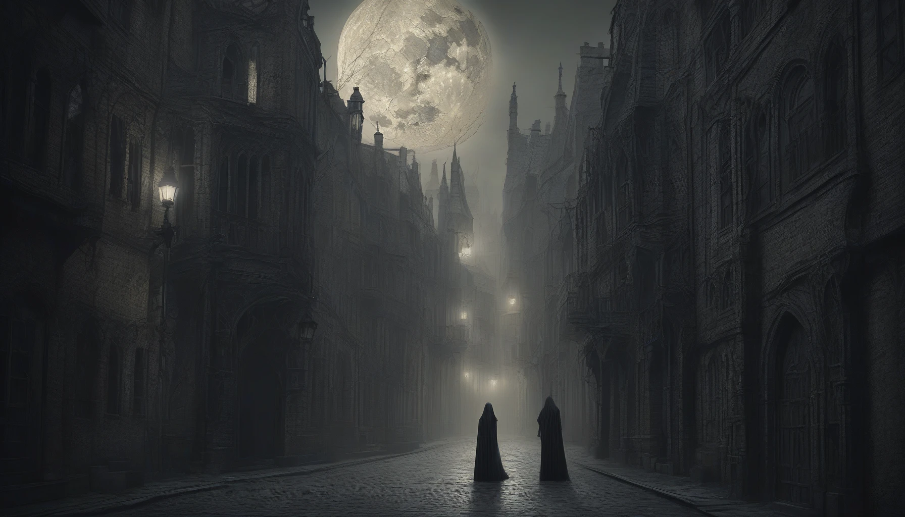 A hauntingly beautiful scene unfolds in a dimly lit alley, where twisted architecture looms high above. Dark, intricate patterns mimic gothic artwork, while a mysterious figure cloaked in shadows stands defiantly, illuminated by the soft glow of an ethereal moon. The air is thick with an aura of mystery, as swirling fog and silent whispers echo the essence of a forgotten world, blending macabre elegance with anime's dynamic flair.